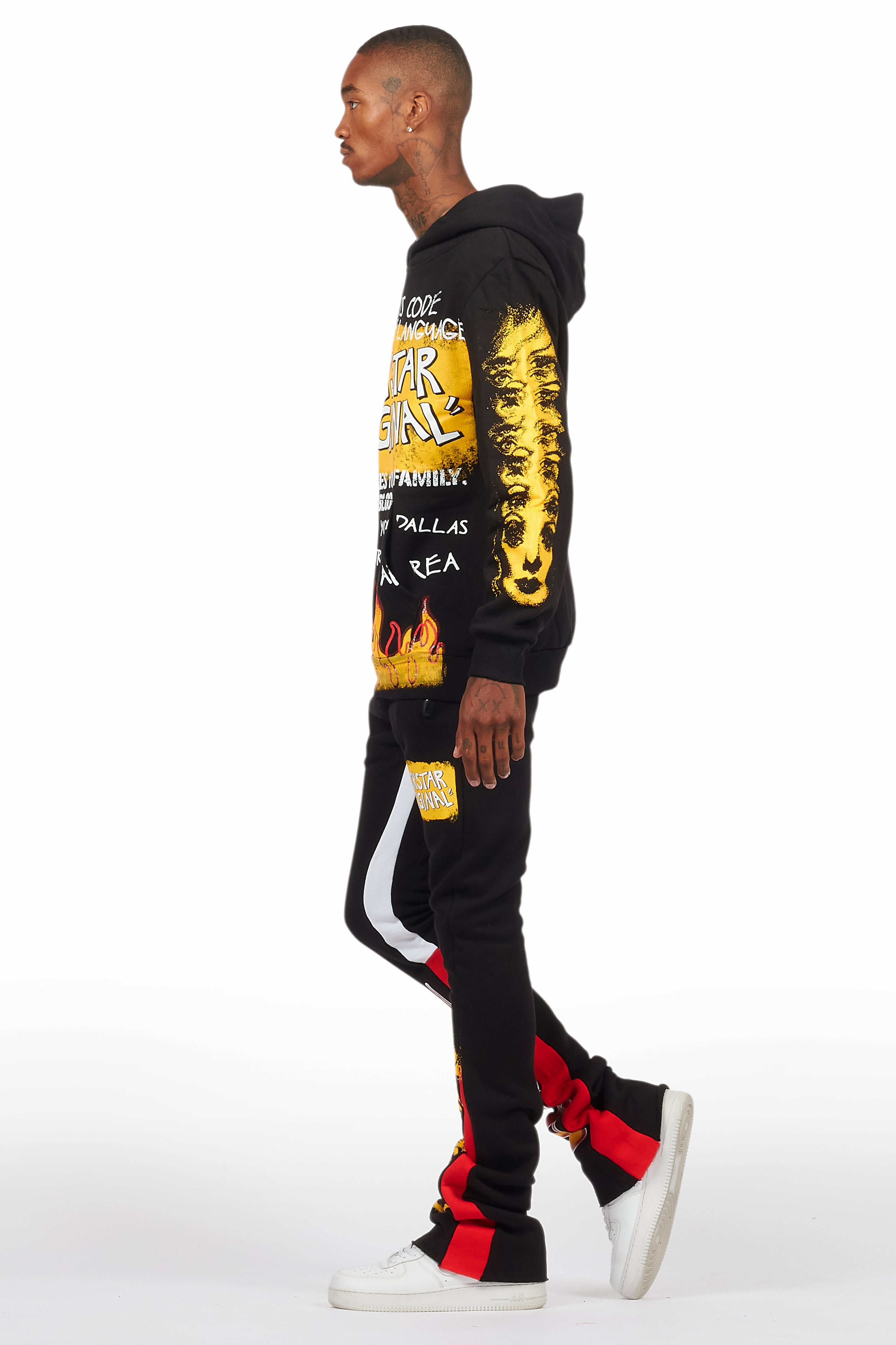 Beno Black/Yellow Stacked Flare Hoodie Track Set