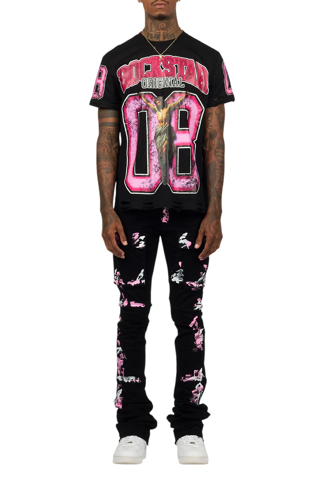 Fields Black T-Shirt/Nello Painted Super Stacked Flare Jean Set