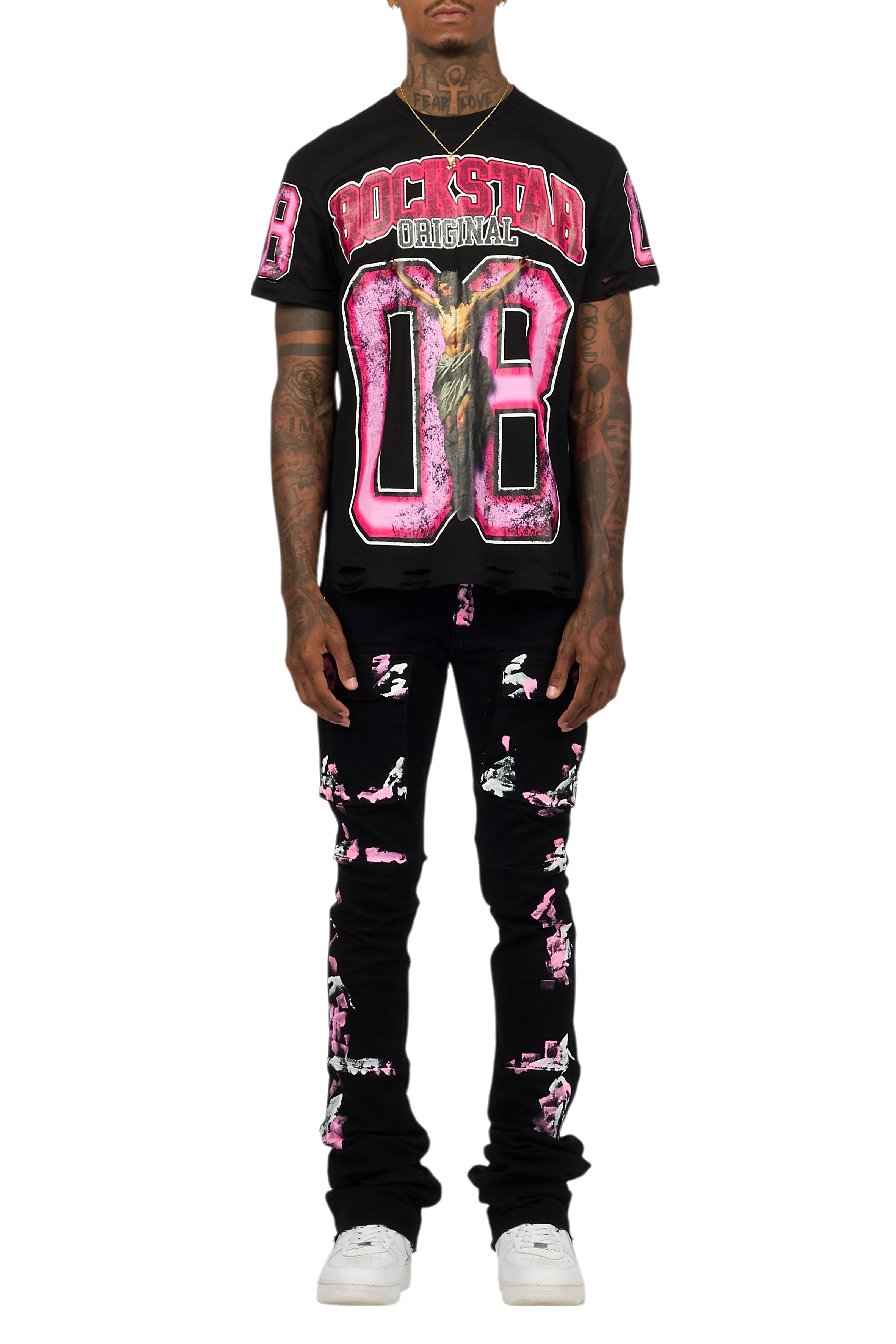 Fields Black T-Shirt/Nello Painted Super Stacked Flare Jean Set