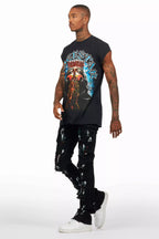 Orien Jet Black Painter Stacked Flare Jean