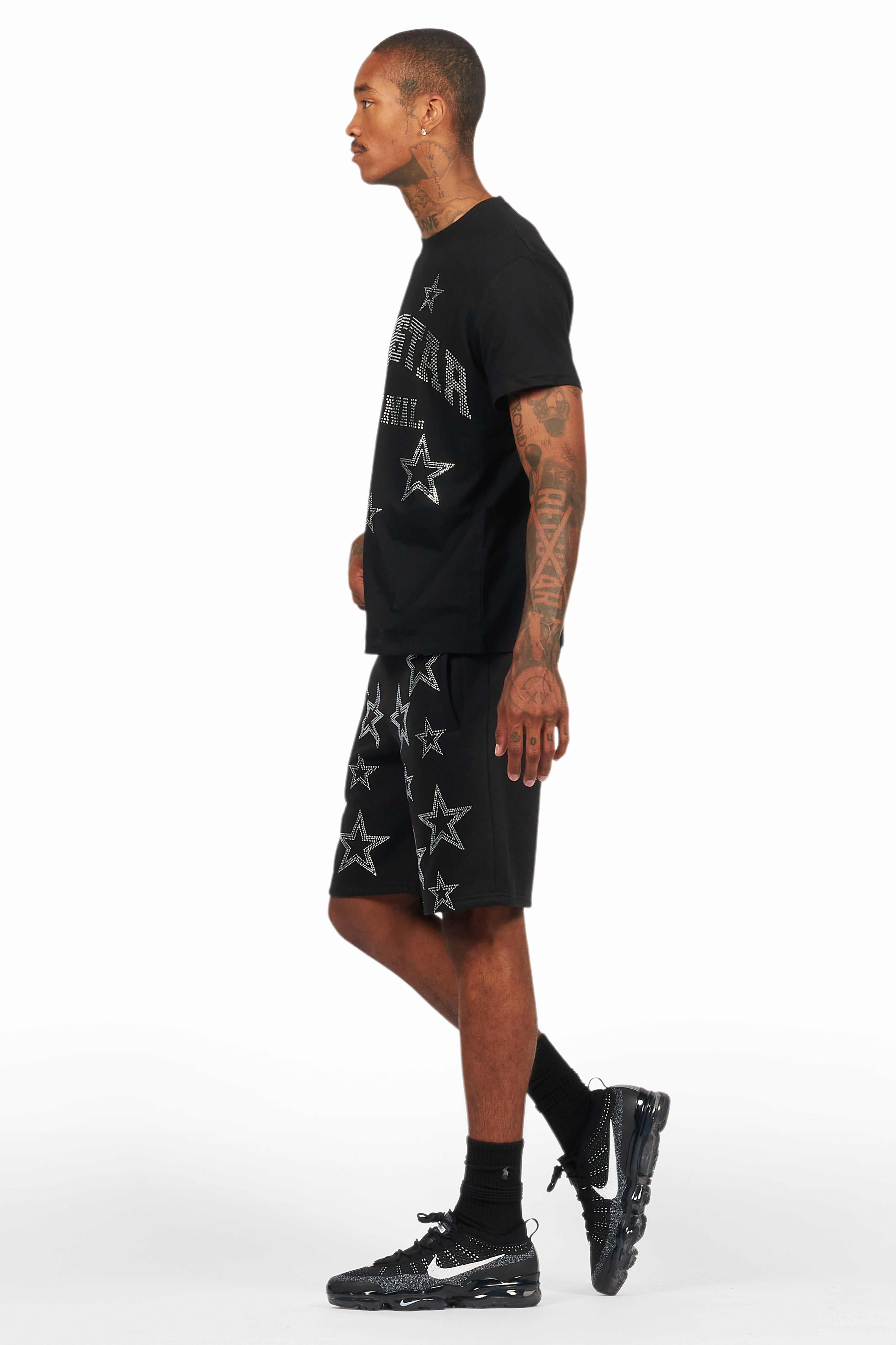 Nox Black Rhinestone T Shirt Short Set