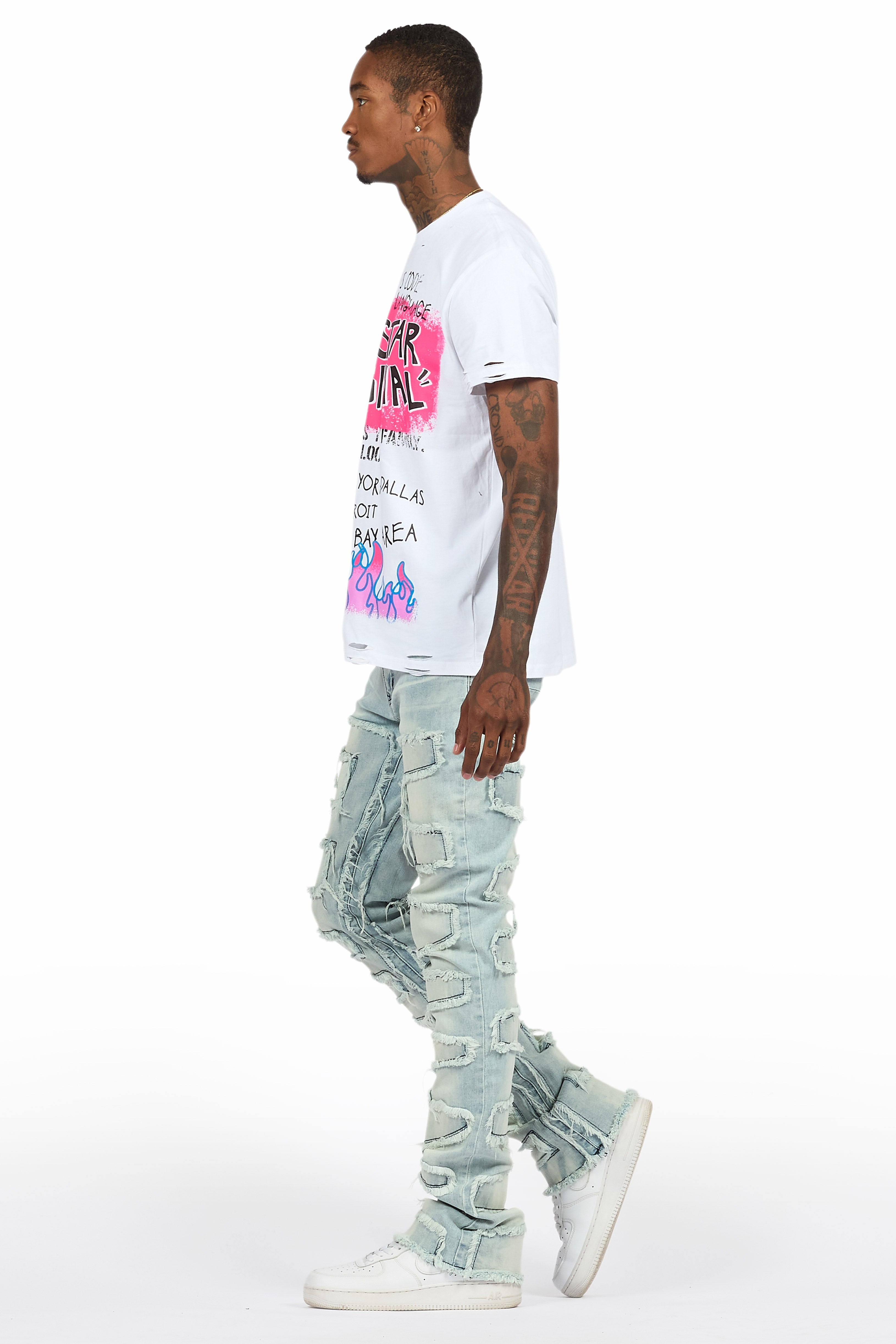 Beno White T-Shirt & Shake Blue Stacked Flare Jean Bundle