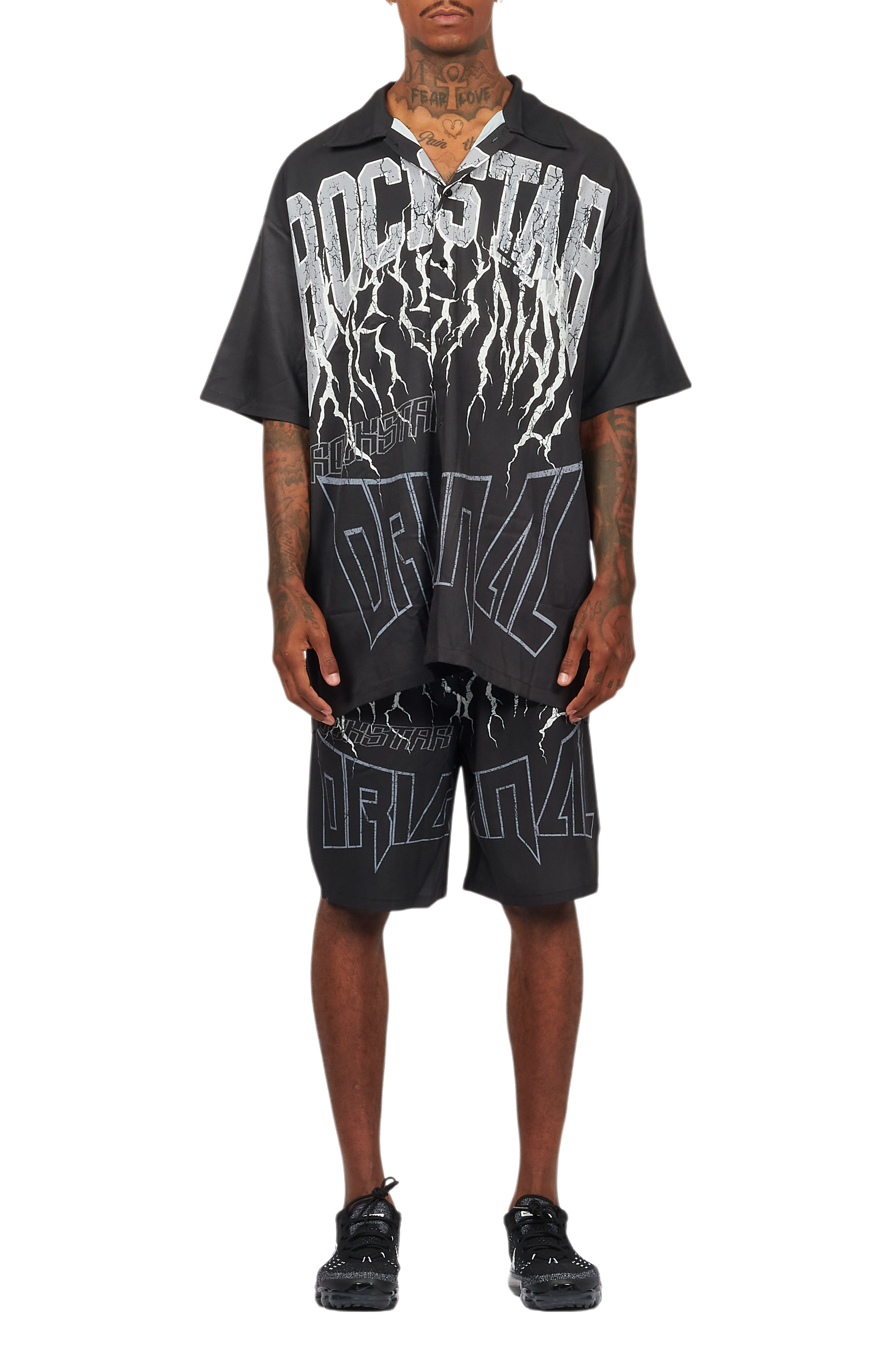 Hustle Black Button Down Short Set