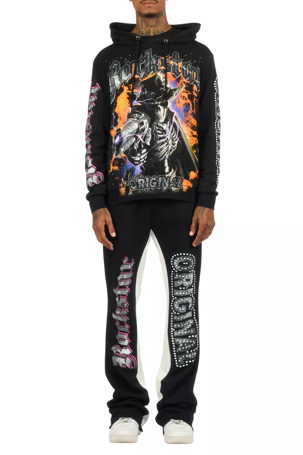 Bixner Black/Multi Hoodie/Baggy Stacked Track Pant Set