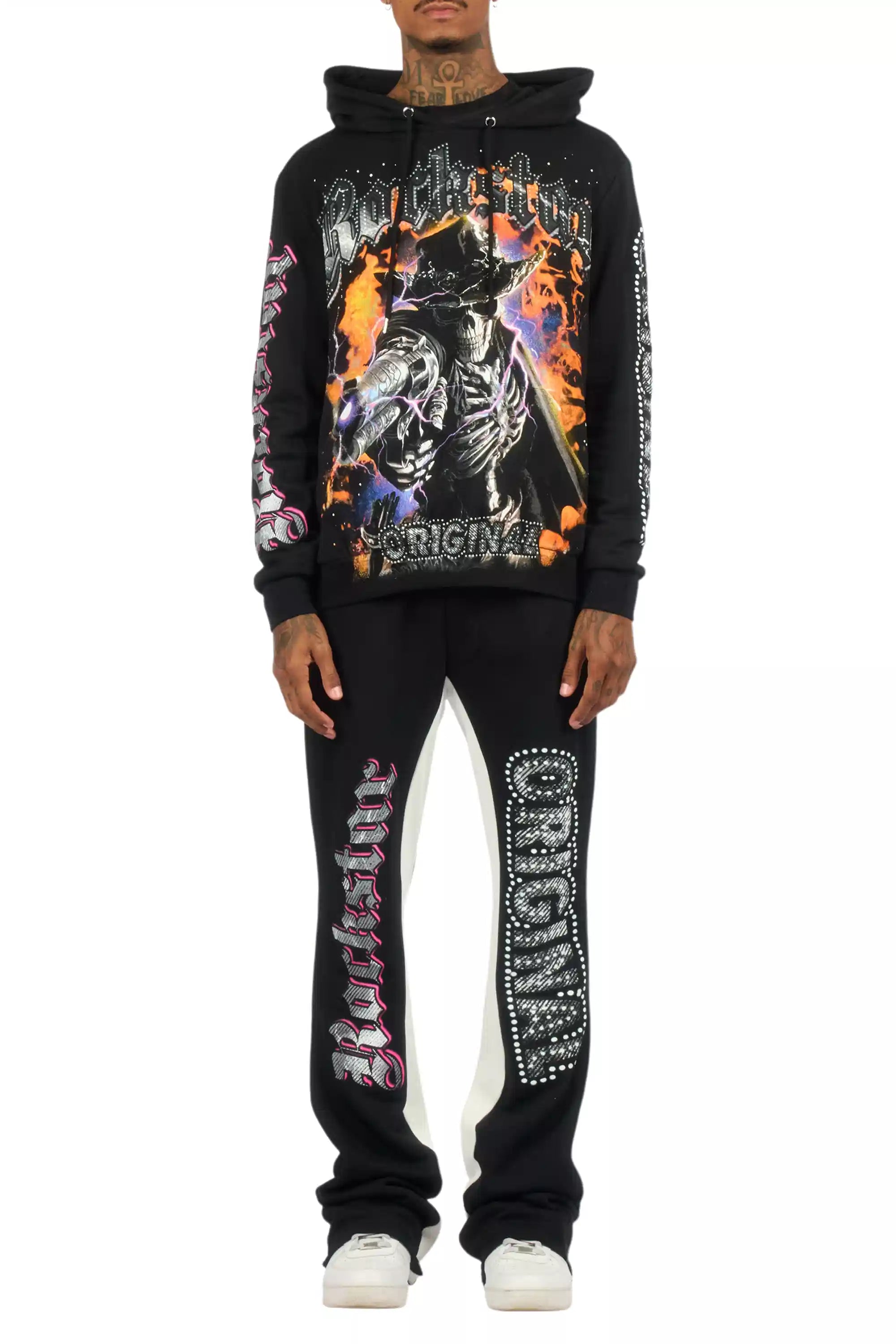 Bixner Black/Multi Hoodie/Baggy Stacked Track Pant Set