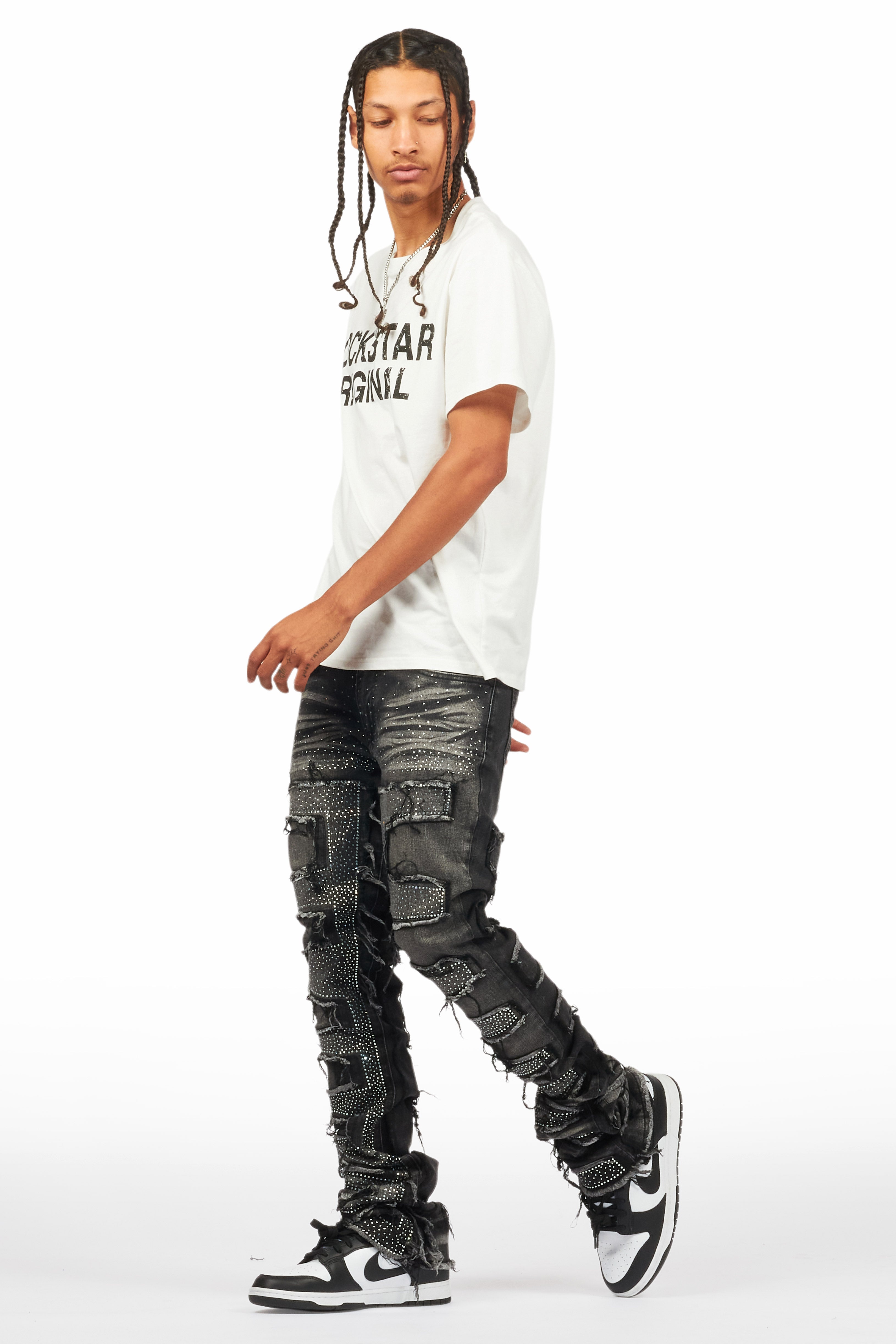 Shake Dark Grey Rhinestone Stacked Flare Jean