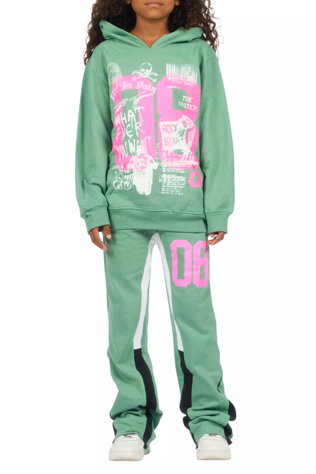 Girls Kammy Sage/Pink Hoodie Stacked Track Set