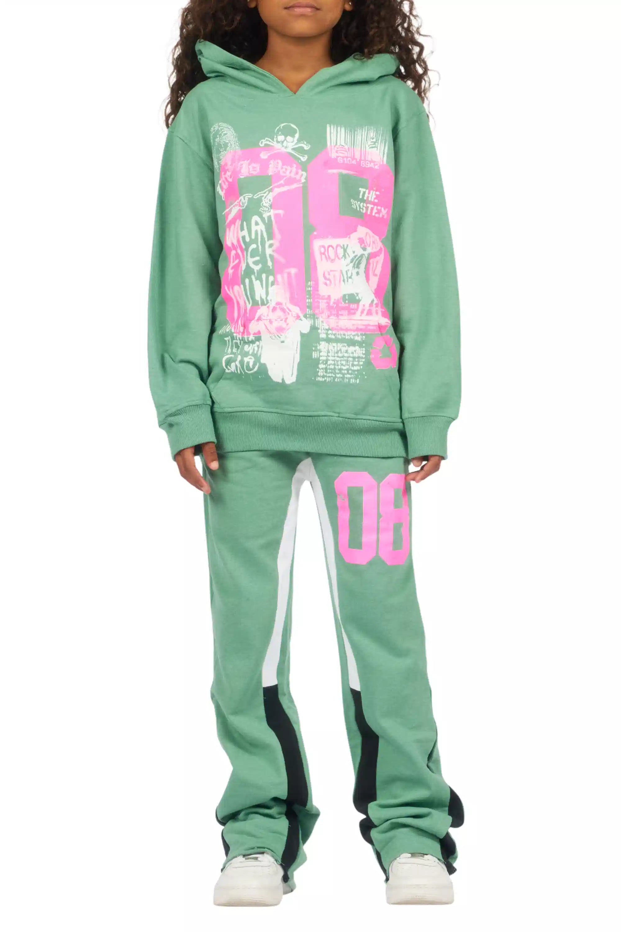 Girls Kammy Sage/Pink Hoodie Stacked Track Set