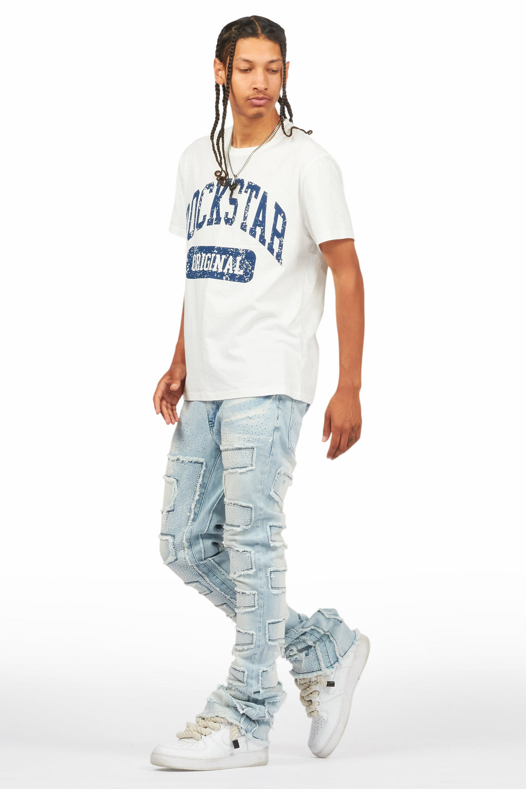 Shake Light Blue Rhinestone Stacked Flare Jean