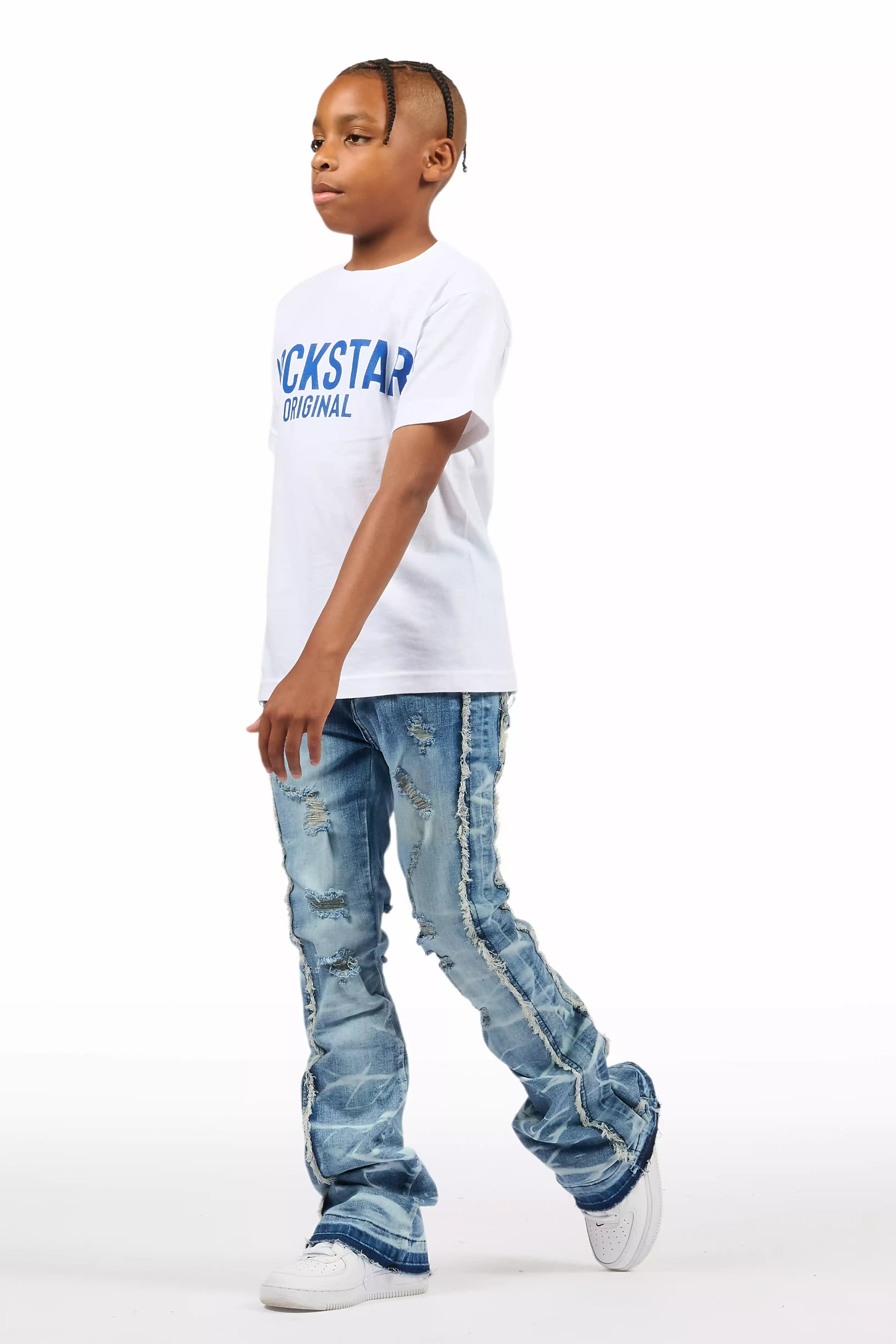 Boys Rugged Blue Stacked Flare Jean