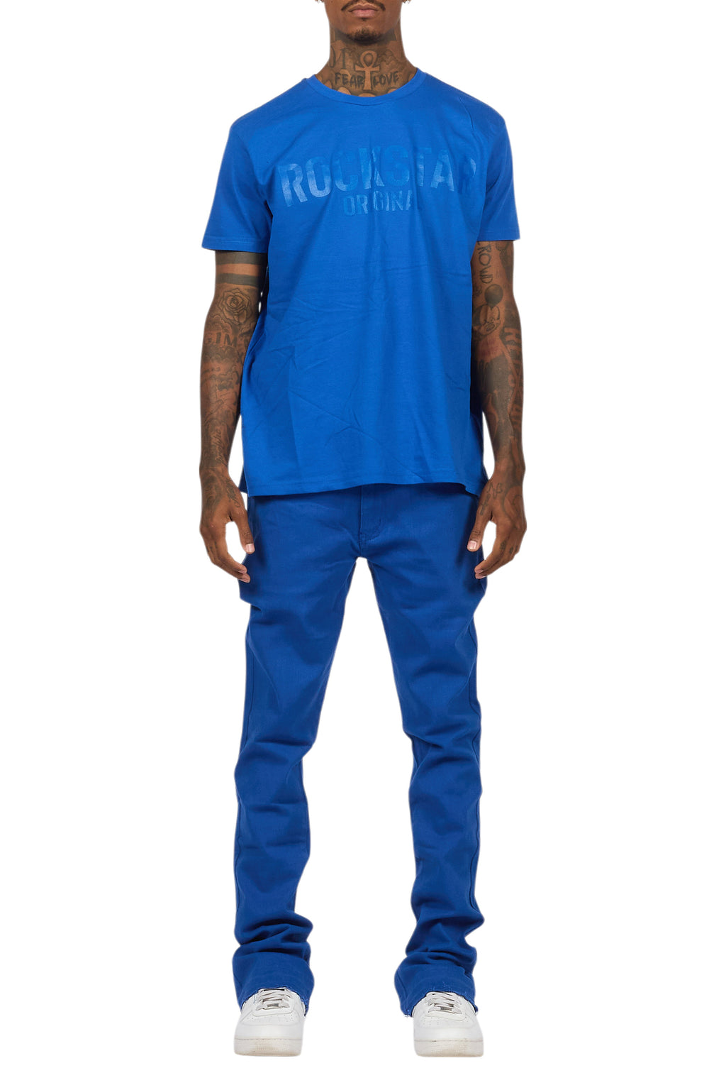 Sana Royal Blue T-Shirt/Dag Stacked Flare Jean Set