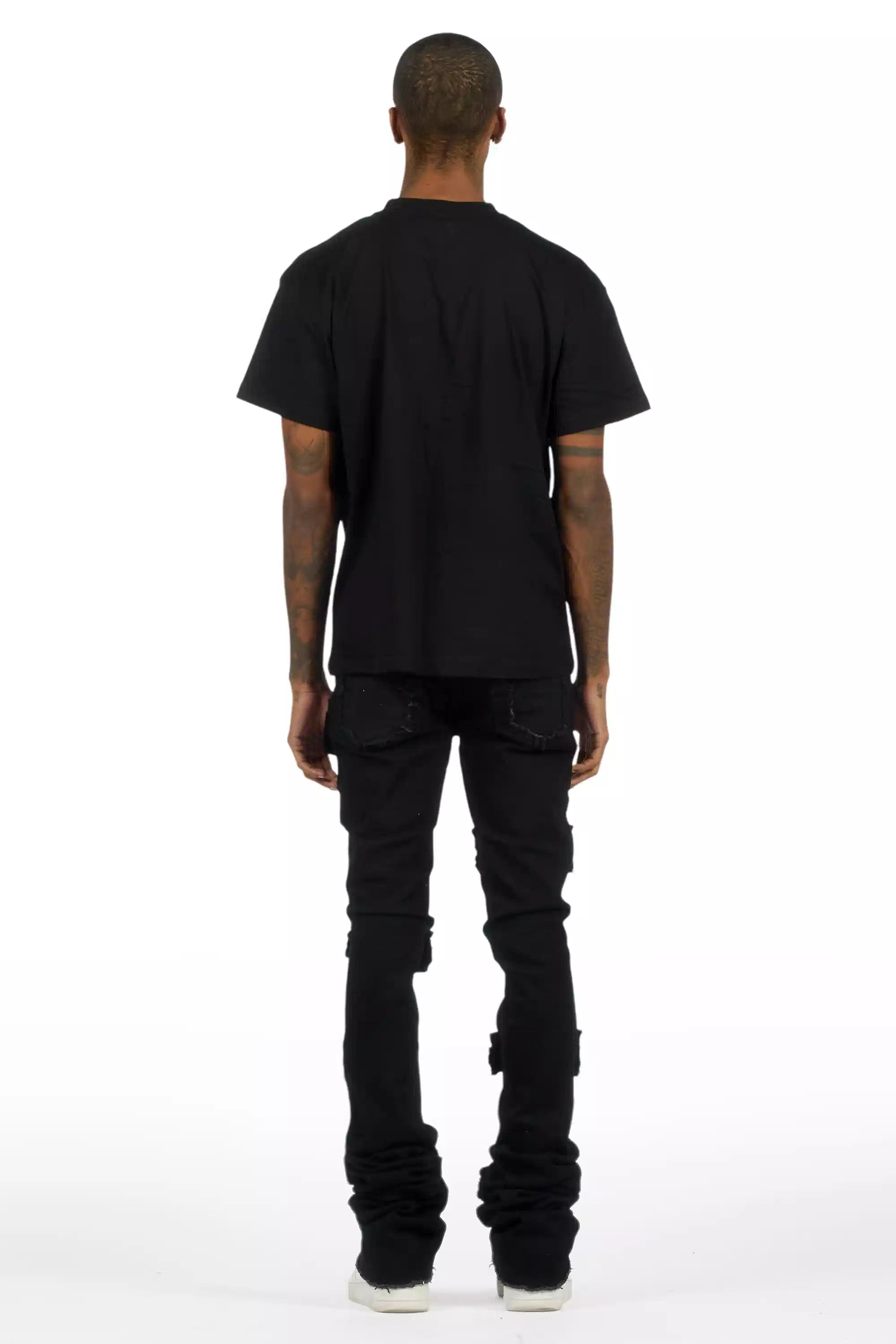 Tarl Black Oversized T-Shirt/Painted Super Stacked Flare Jean Bundle