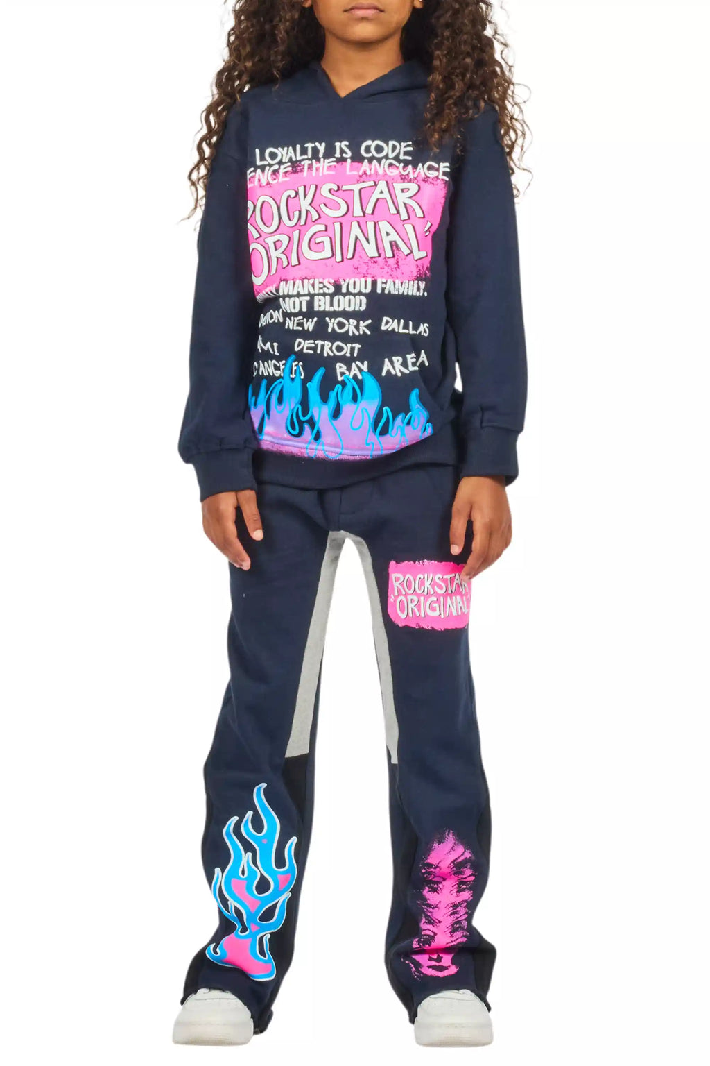 Girls Bridgette Navy/Pink Hoodie Stacked Flare Track Set