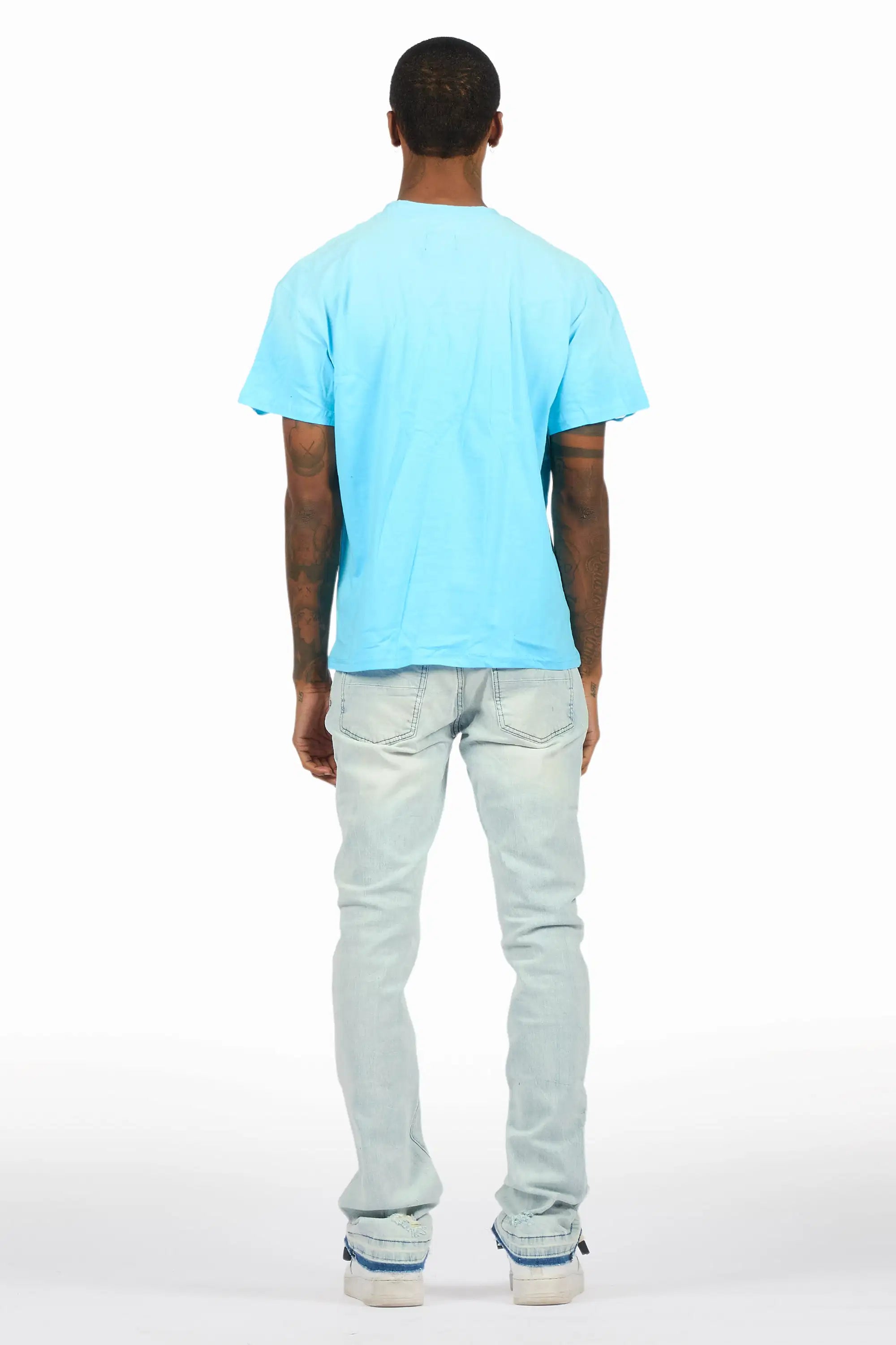 Tarl Blue Oversized T-Shirt/Stacked Flare Jean Set