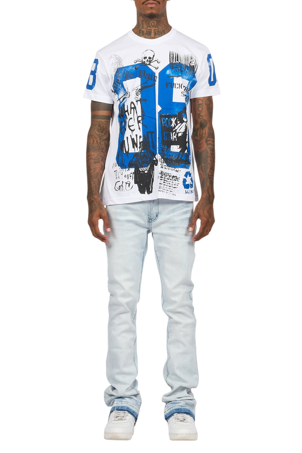 Grill White/Blue Oversized Graphic T-Shirt/Dag Stacked Flare Jean Set