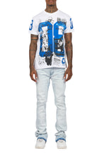 Grill White/Blue Oversized Graphic T-Shirt/Dag Stacked Flare Jean Set