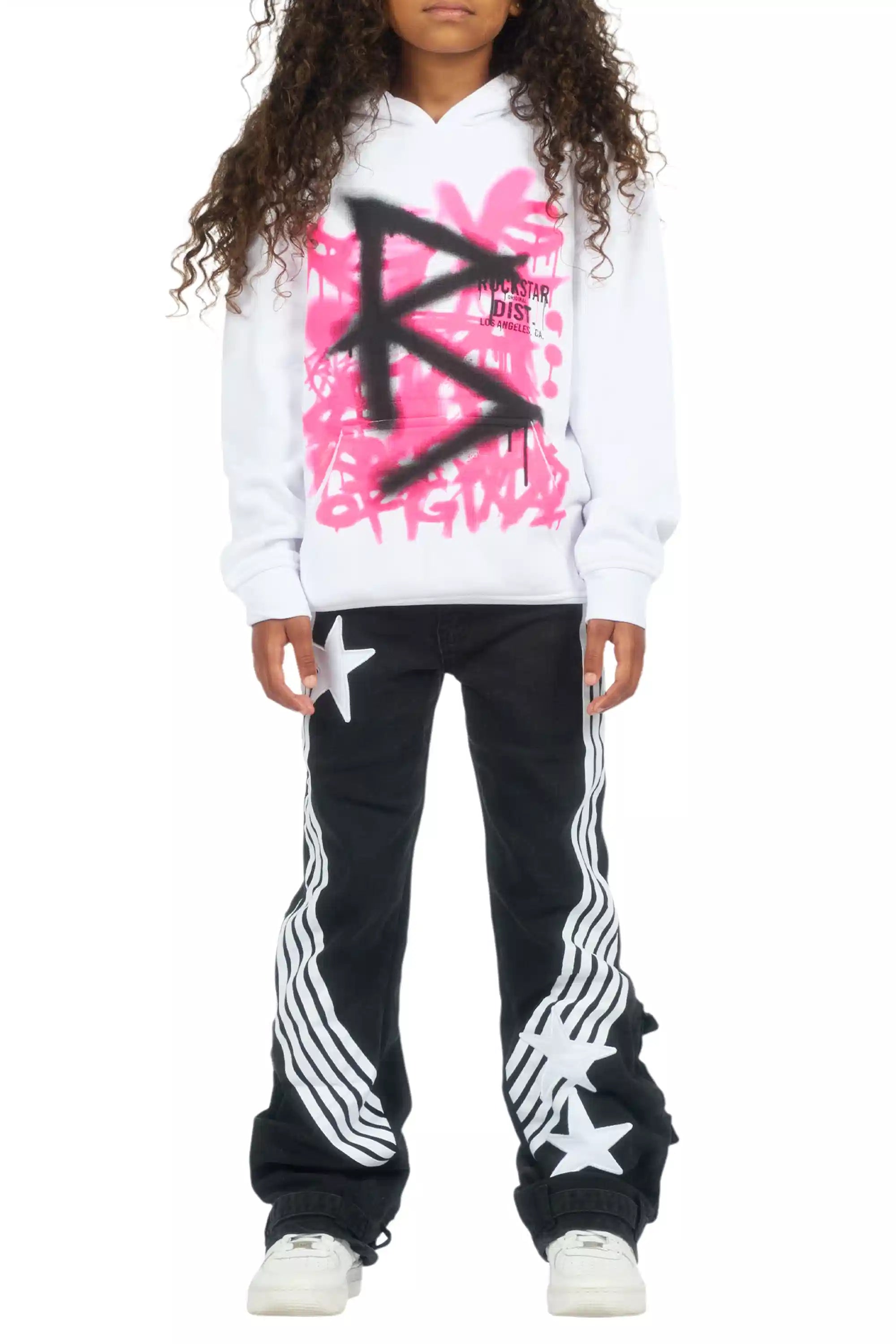 Girls Nahomy White/Pink Graphic Hoodie