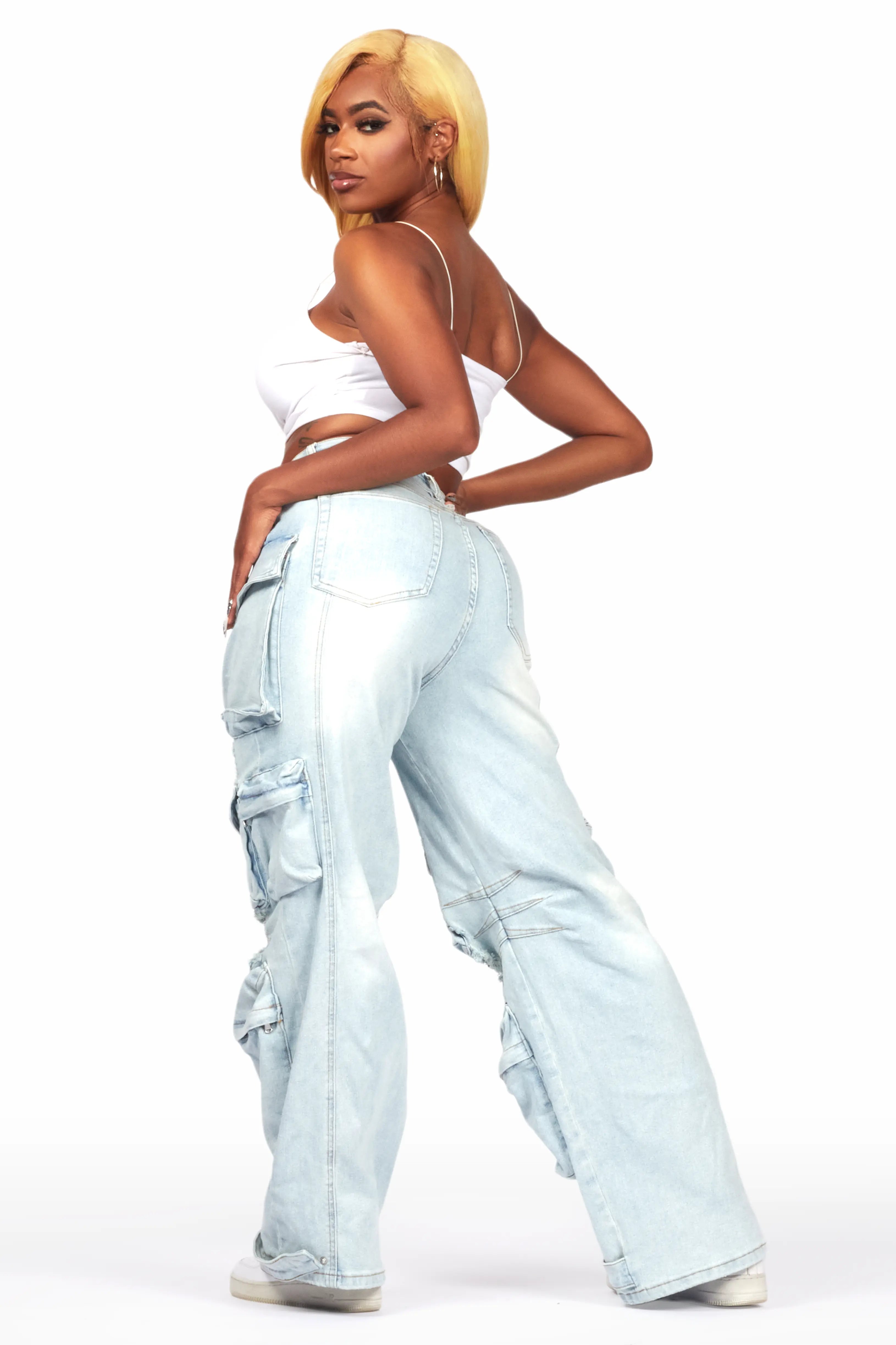 Nakia Tinted Light Wash Cargo Wide Leg Jean