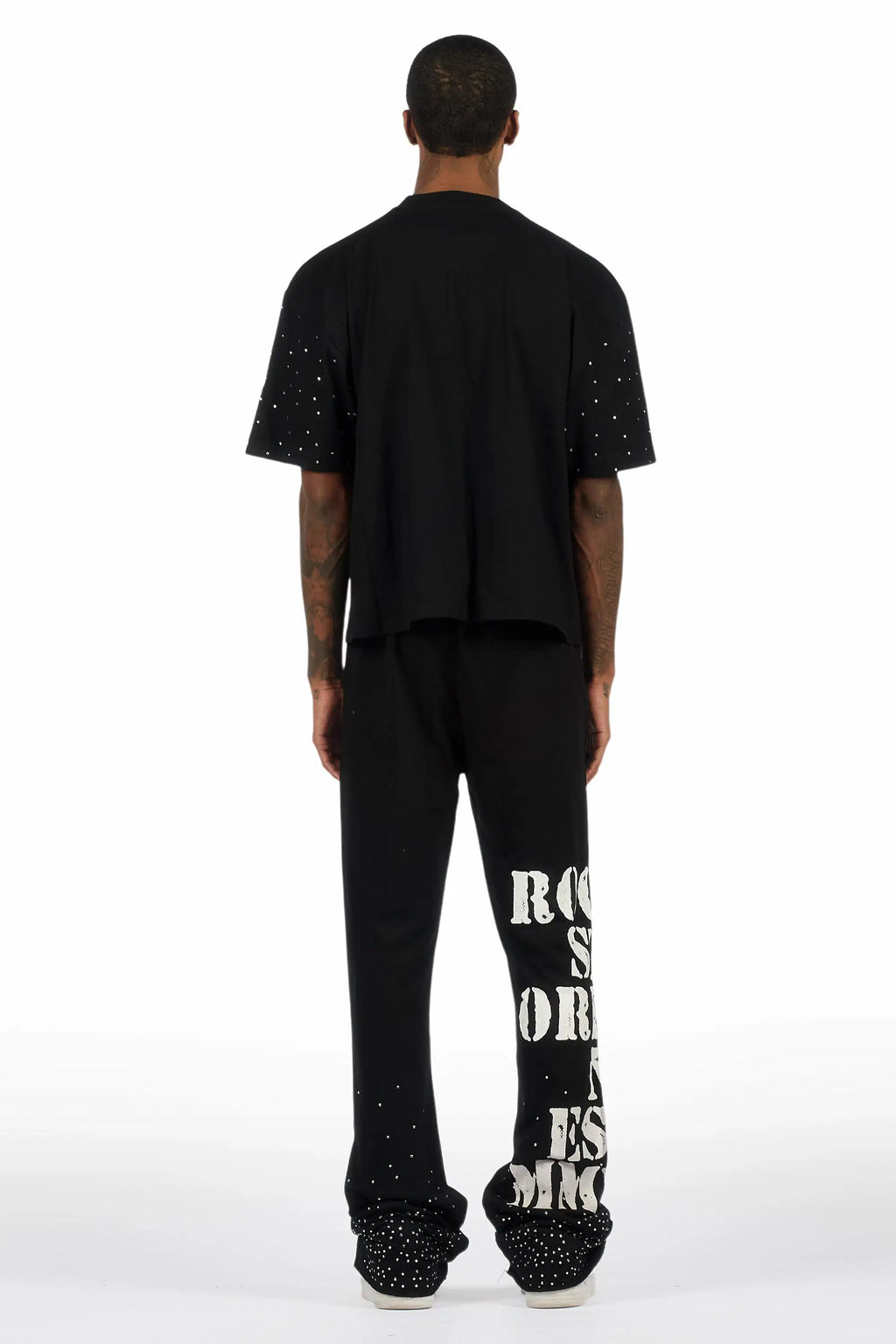 Borya Black Rhinestone T-Shirt/Baggy Stacked Track Set