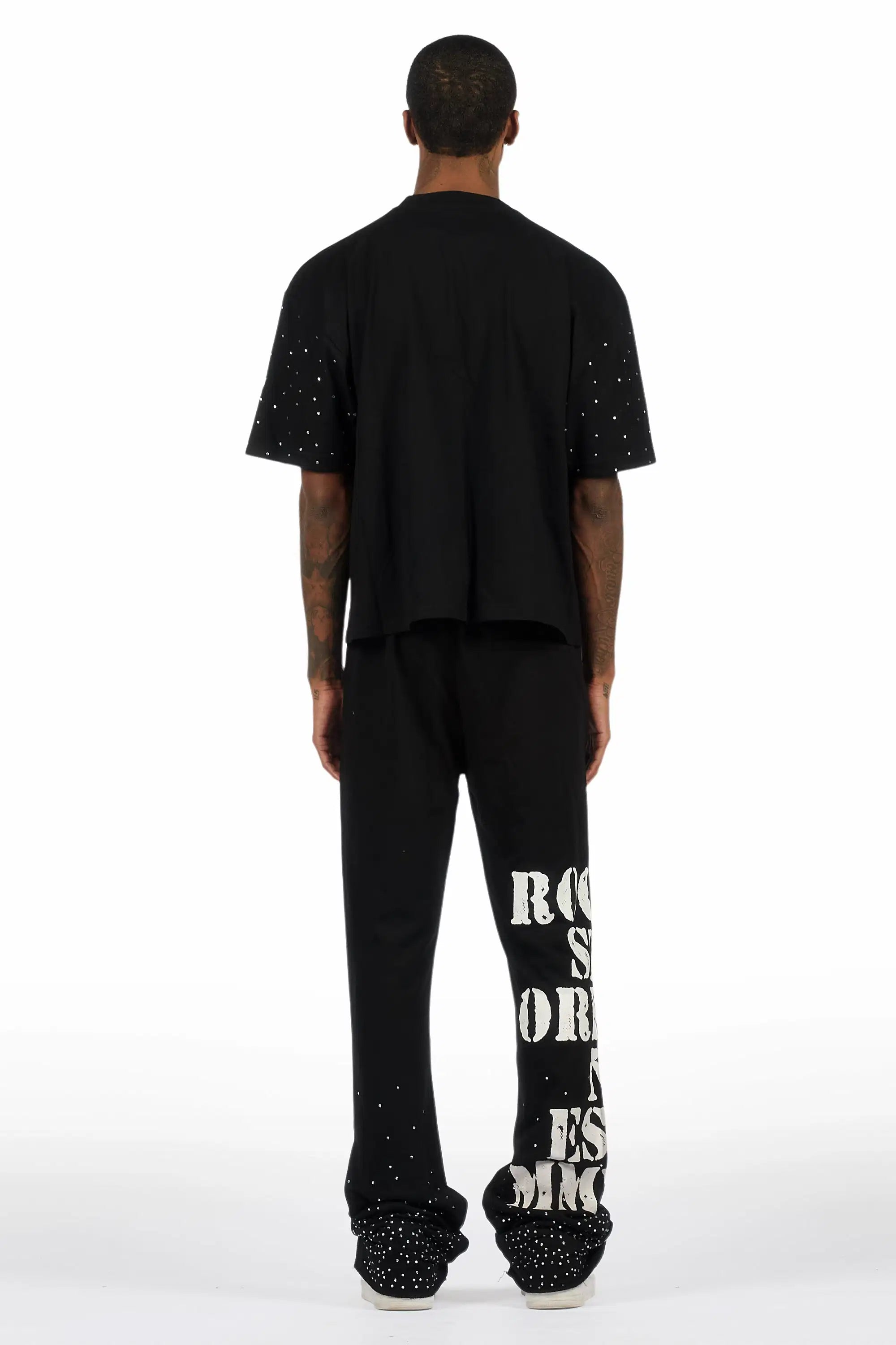 Borya Black Rhinestone T-Shirt/Baggy Stacked Track Set