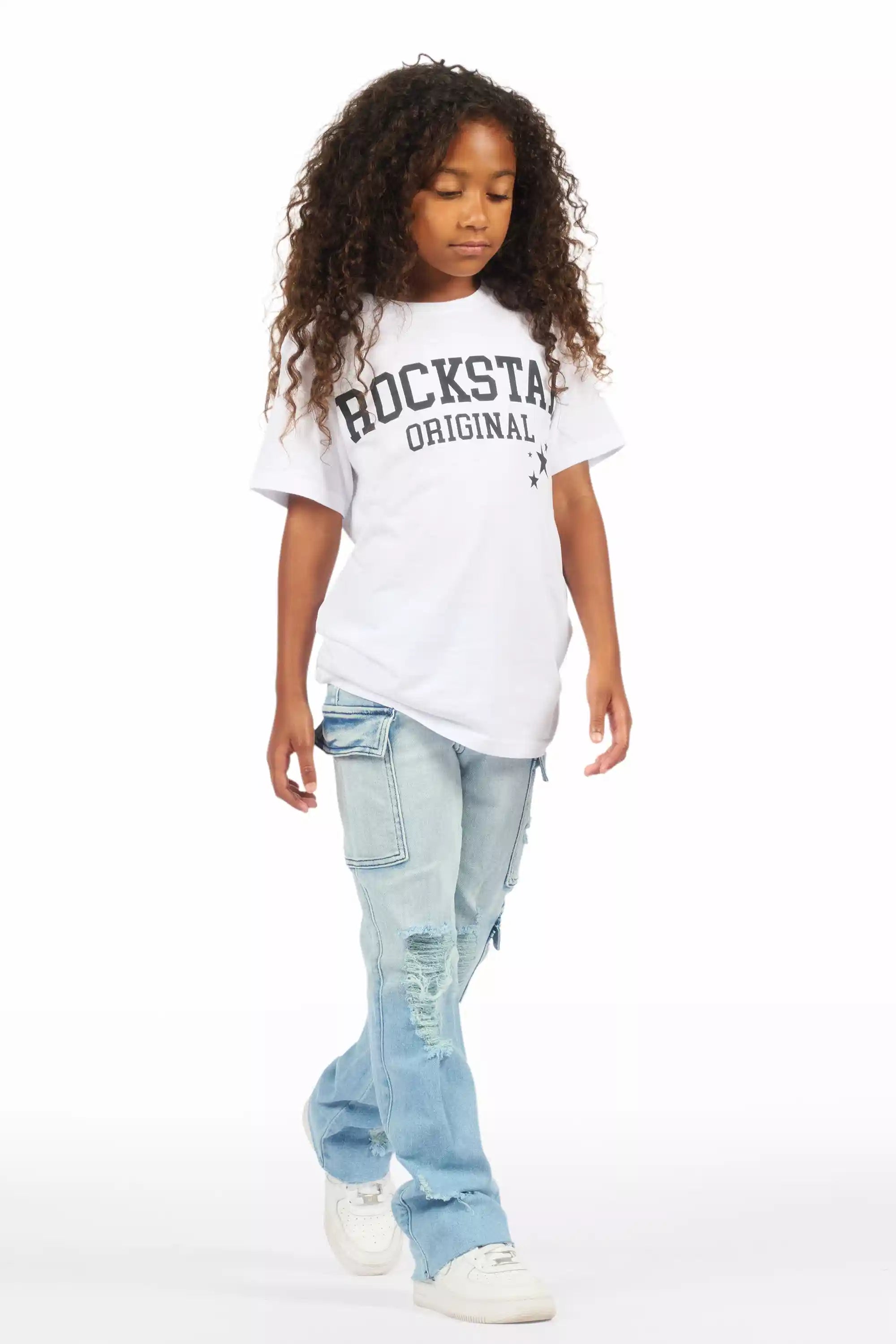 Girls Vixen Light Wash Distressed Stacked Jean
