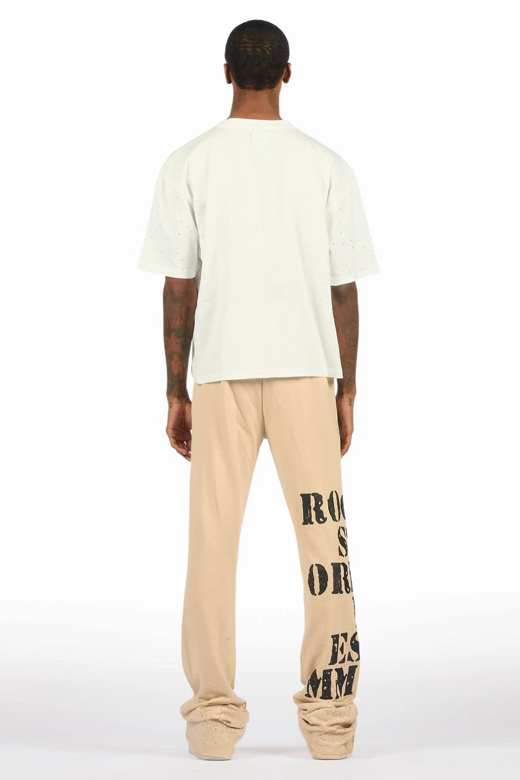 Borya Beige Rhinestone T-Shirt/Baggy Stacked Track Set