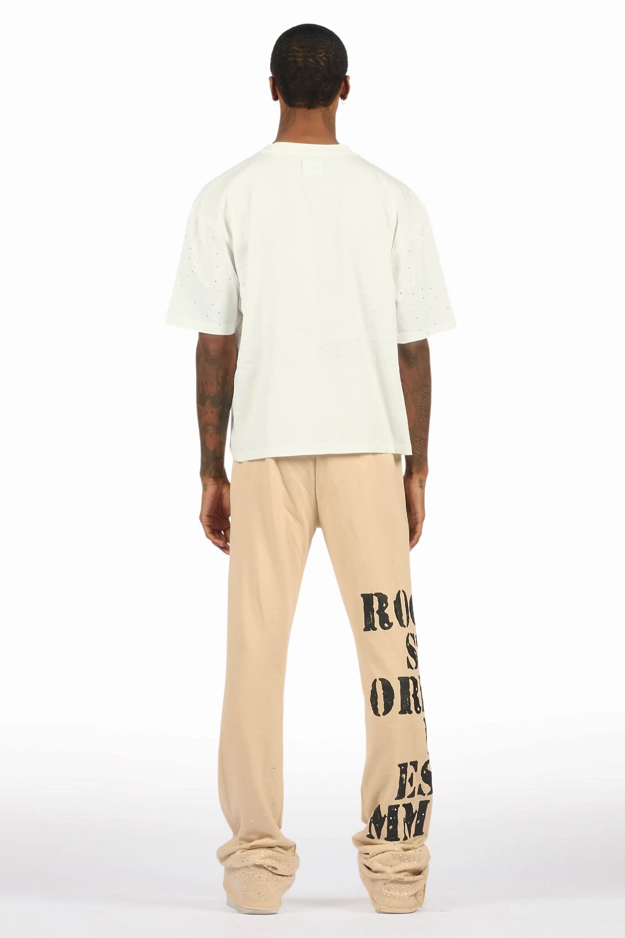 Borya Beige Rhinestone T-Shirt/Baggy Stacked Track Set