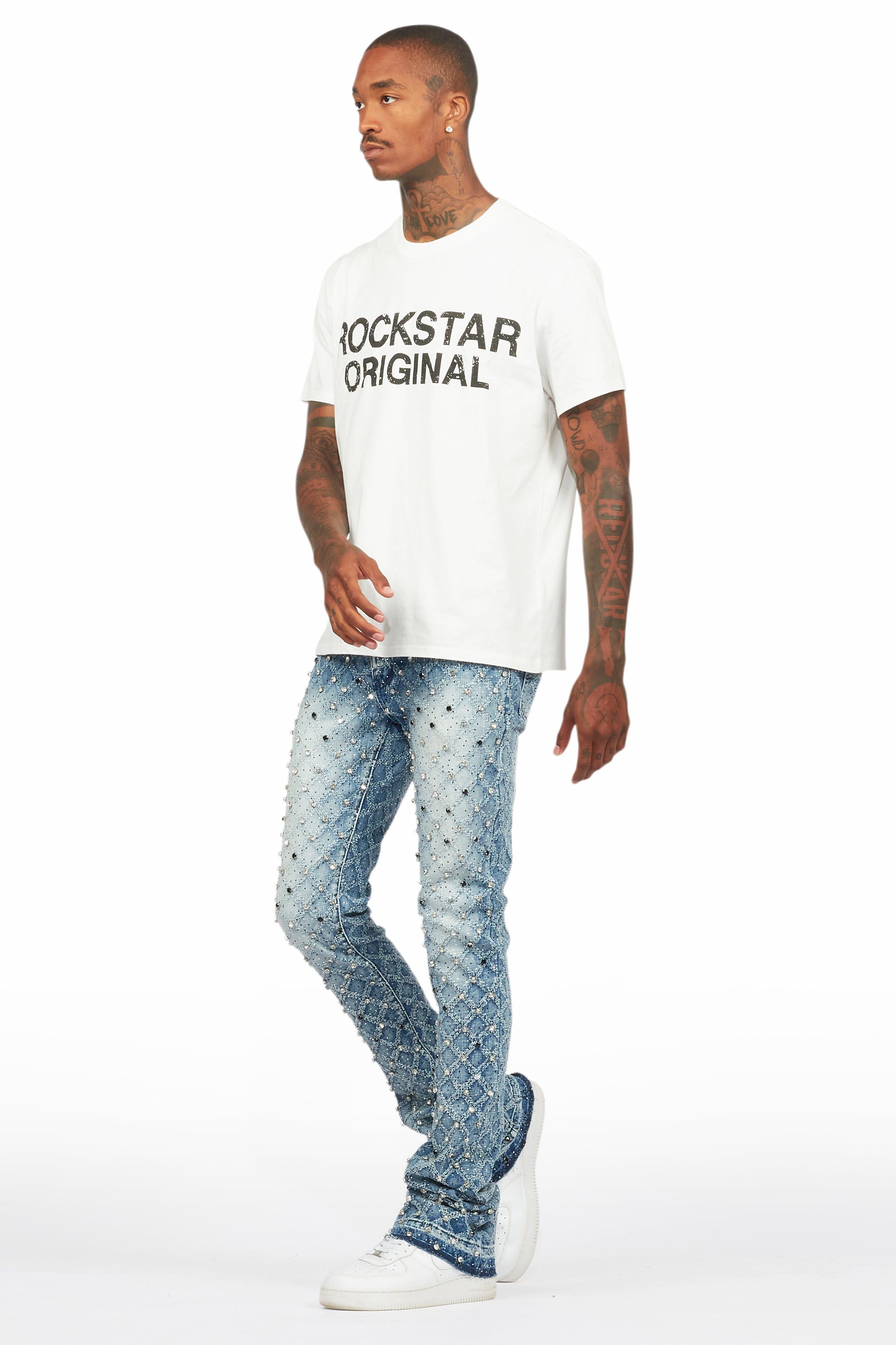 Glit Dark Blue Rhinestone Stacked Flare Jean