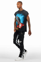 Antoon Black Stacked Flare Track Pant