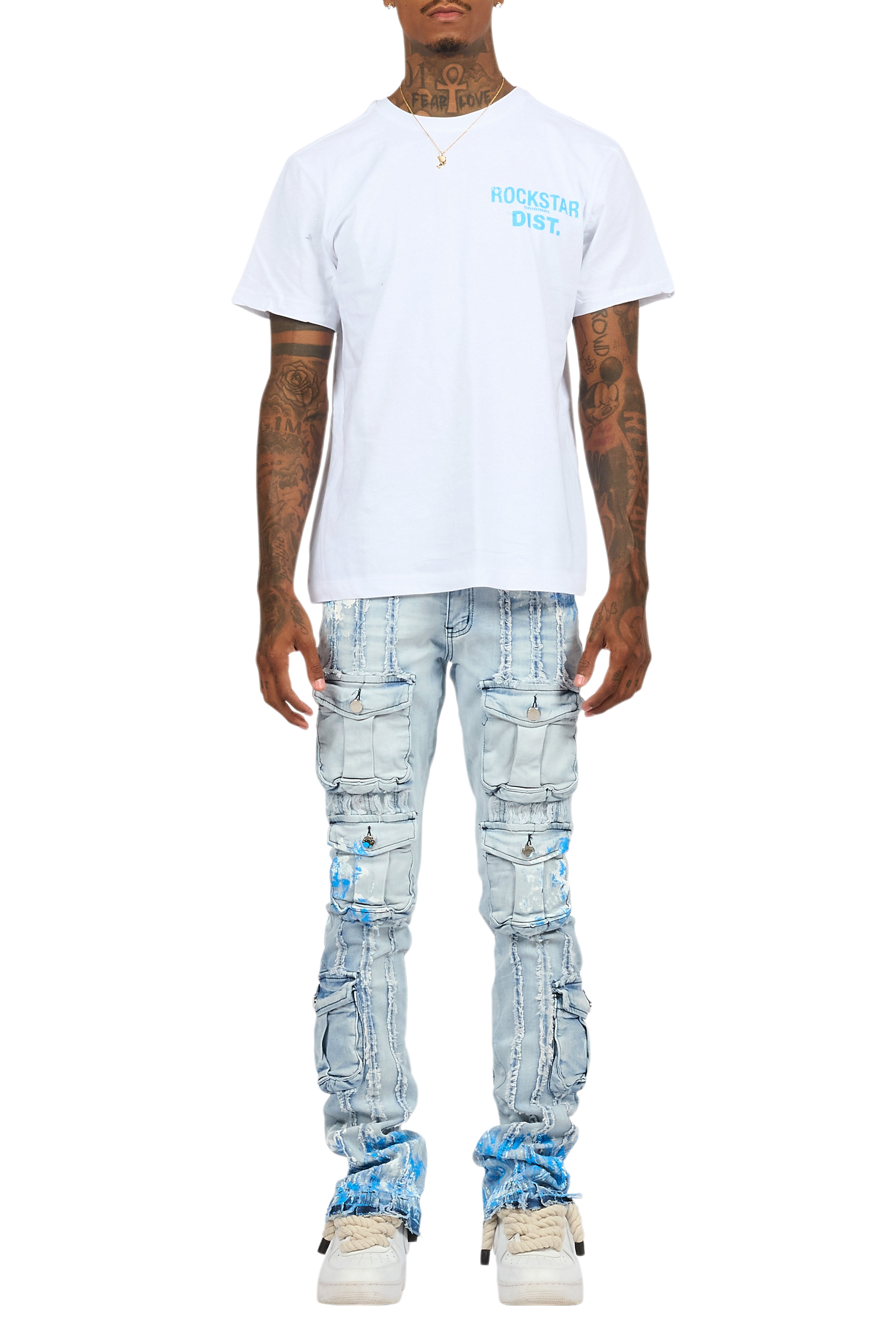 Quentin White/Blue T-Shirt/Stacked Flare Jean Set