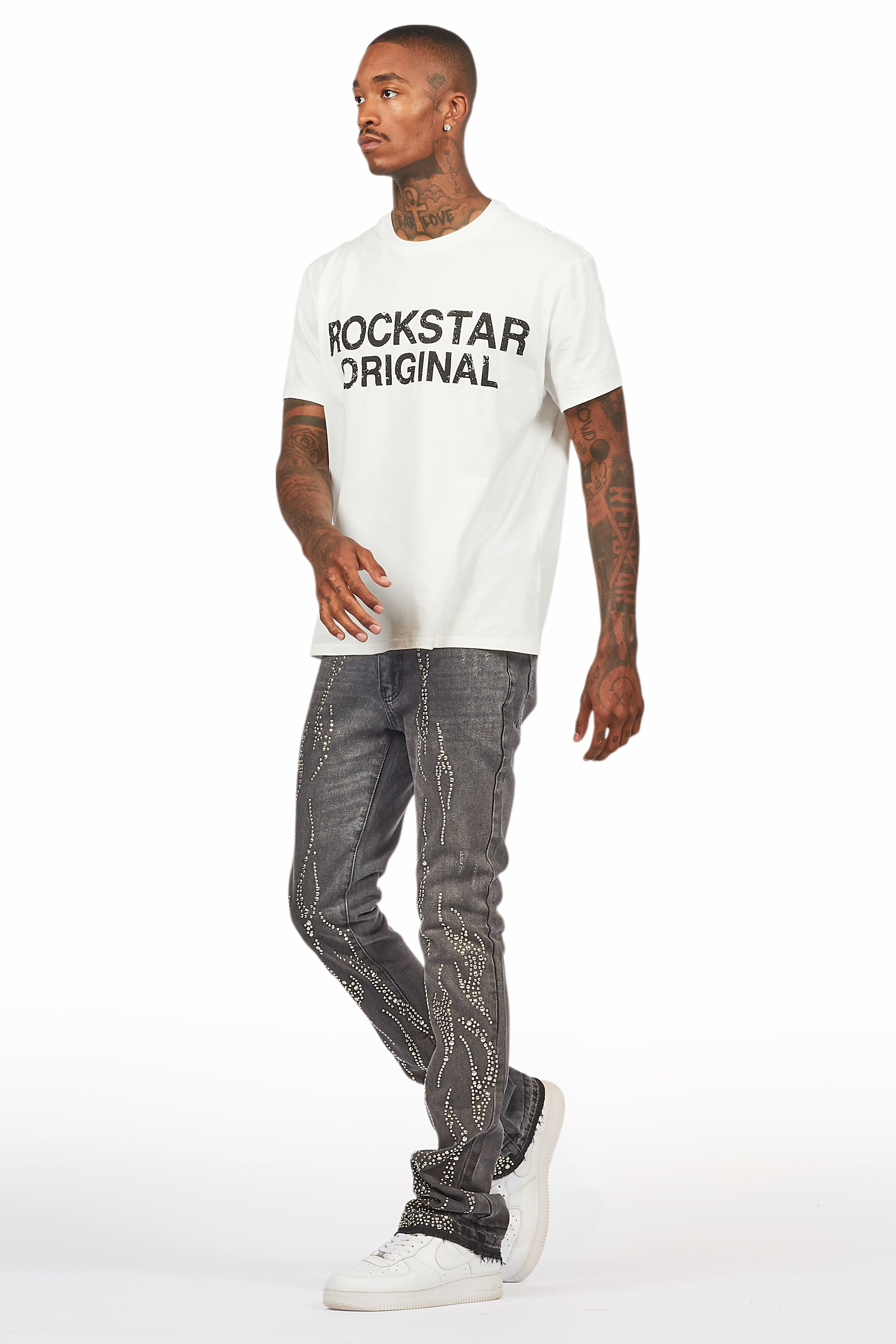 Tachi Dark Grey Rhinestone Stacked Flare Jean