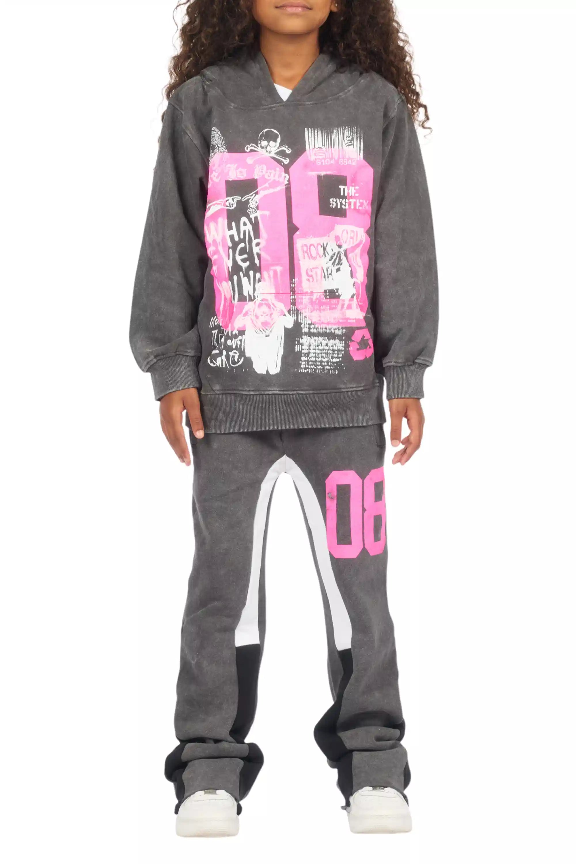 Girls Kammy Vintage Grey/Pink Hoodie Stacked Track Set