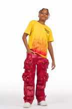 Boys Lenz Red PU Cargo Leather Baggy Fit Jean
