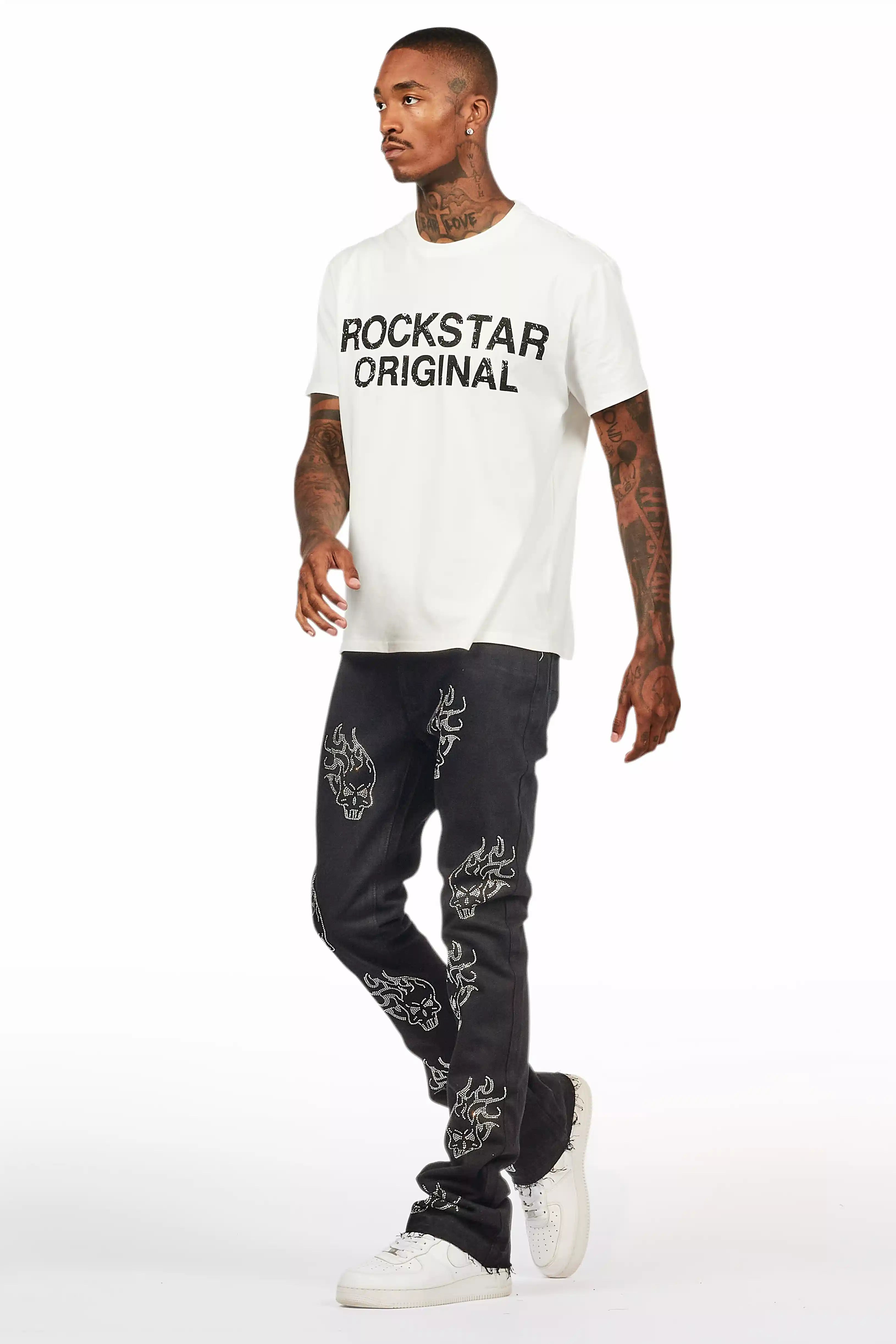 Yari Jet Black Rhinestone Stacked Flare Jean