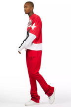 Pyrel Red/Black Rhinestone Stacked Flare Pant