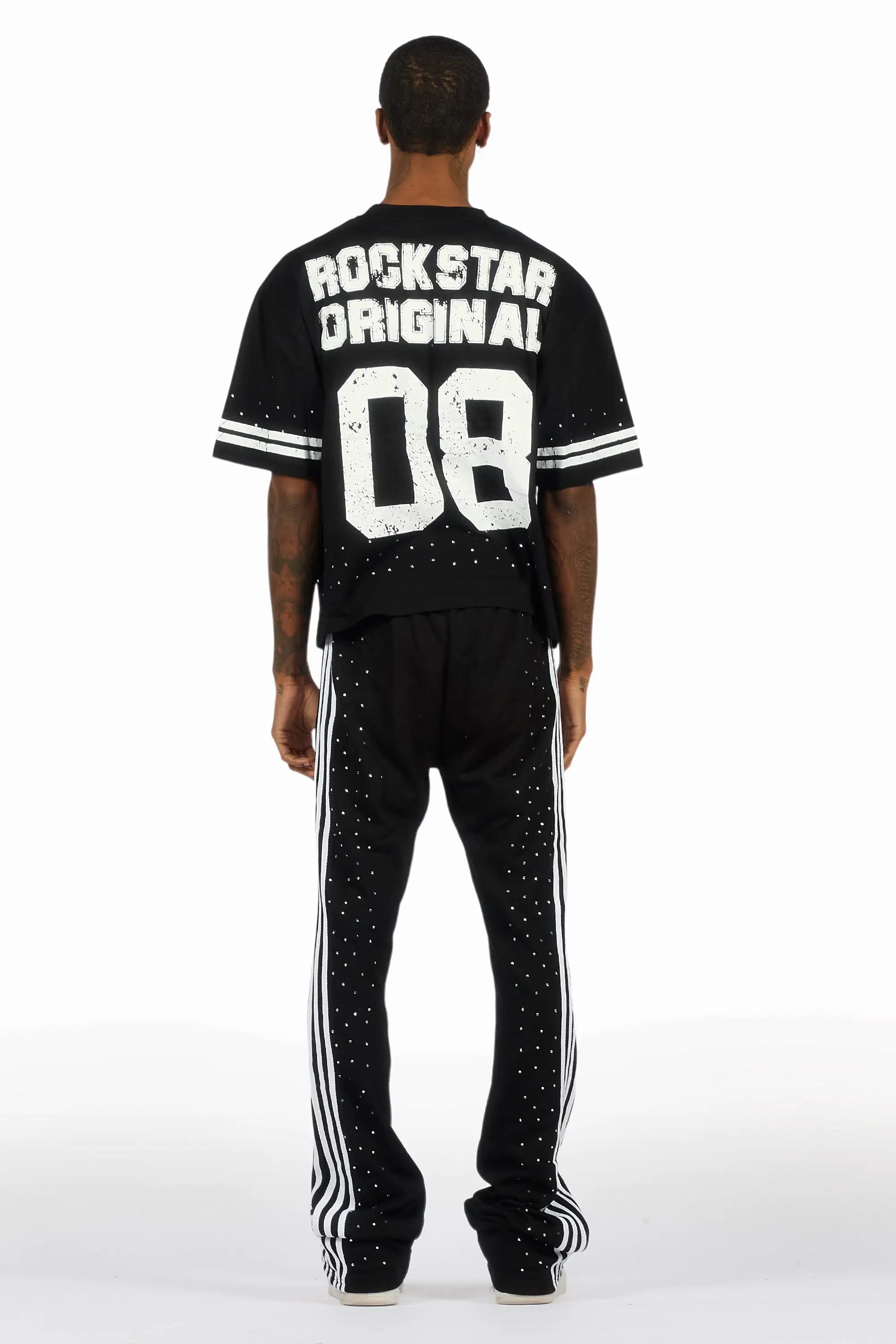Tylla Black Rhinestone T-Shirt/Baggy Stacked Track Set