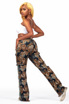 Khadiyah Black Animal Print Tapestry Stacked Pant