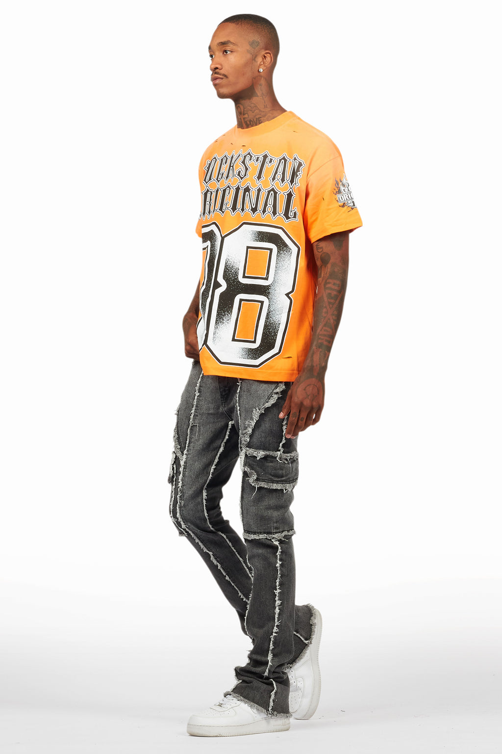 Revved Dark Grey Stacked Flare Jean