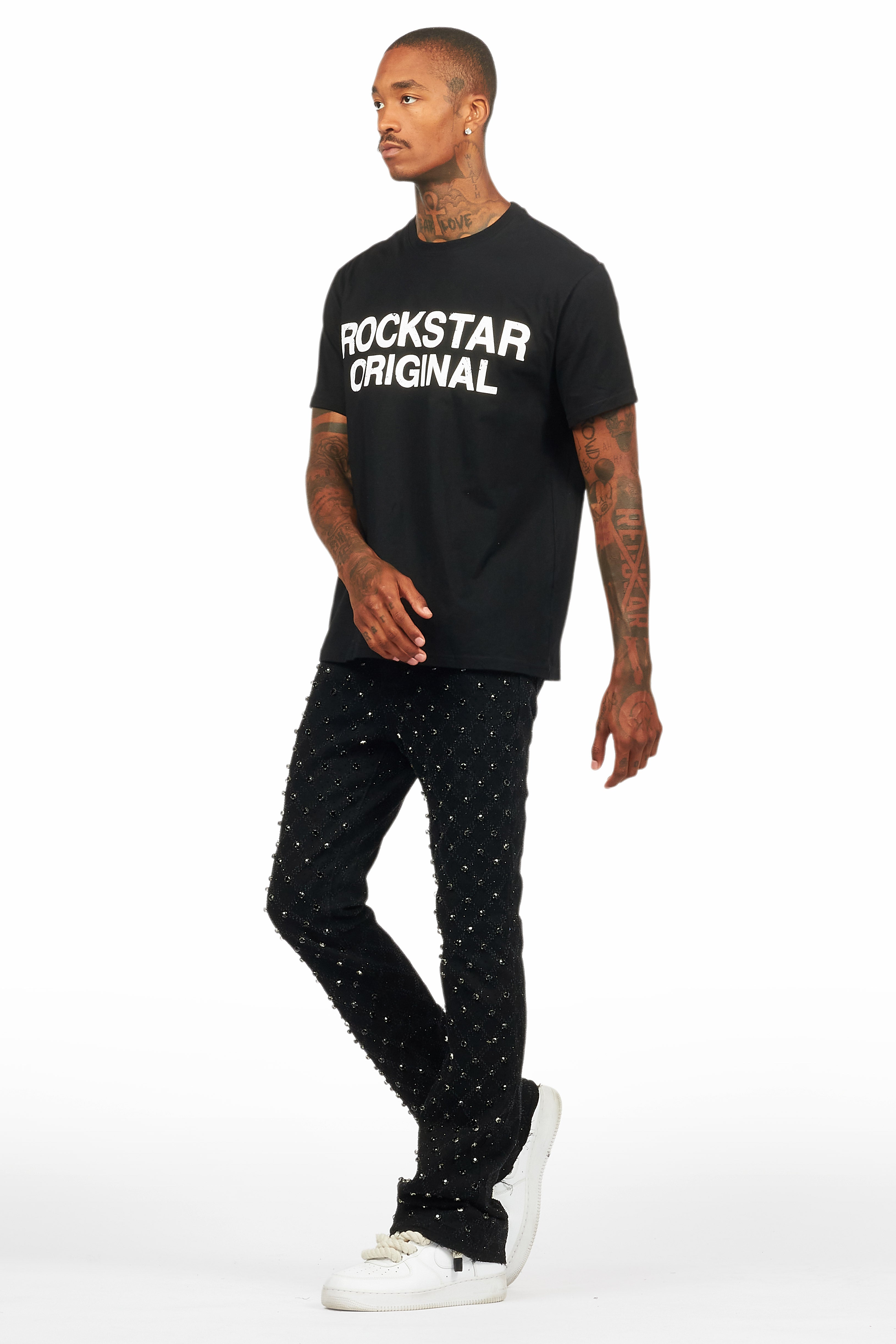 Glit Black Rhinestone Stacked Flare Jean