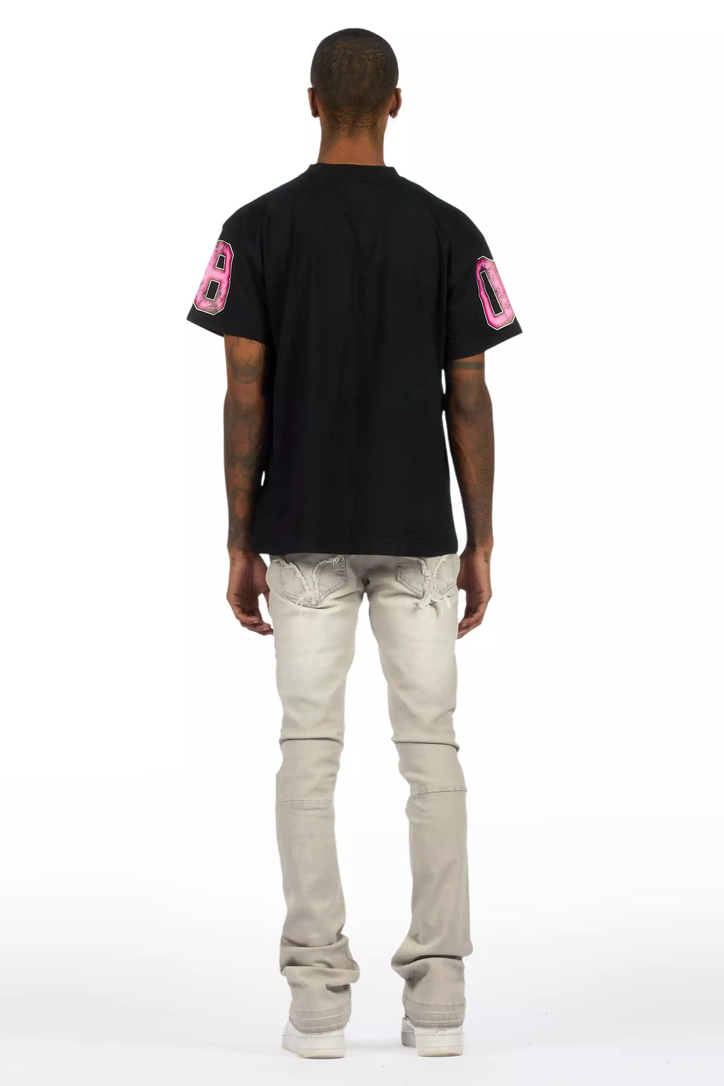 Fields Black Oversized Graphic T-Shirt/Painted Stacked Flare Jean