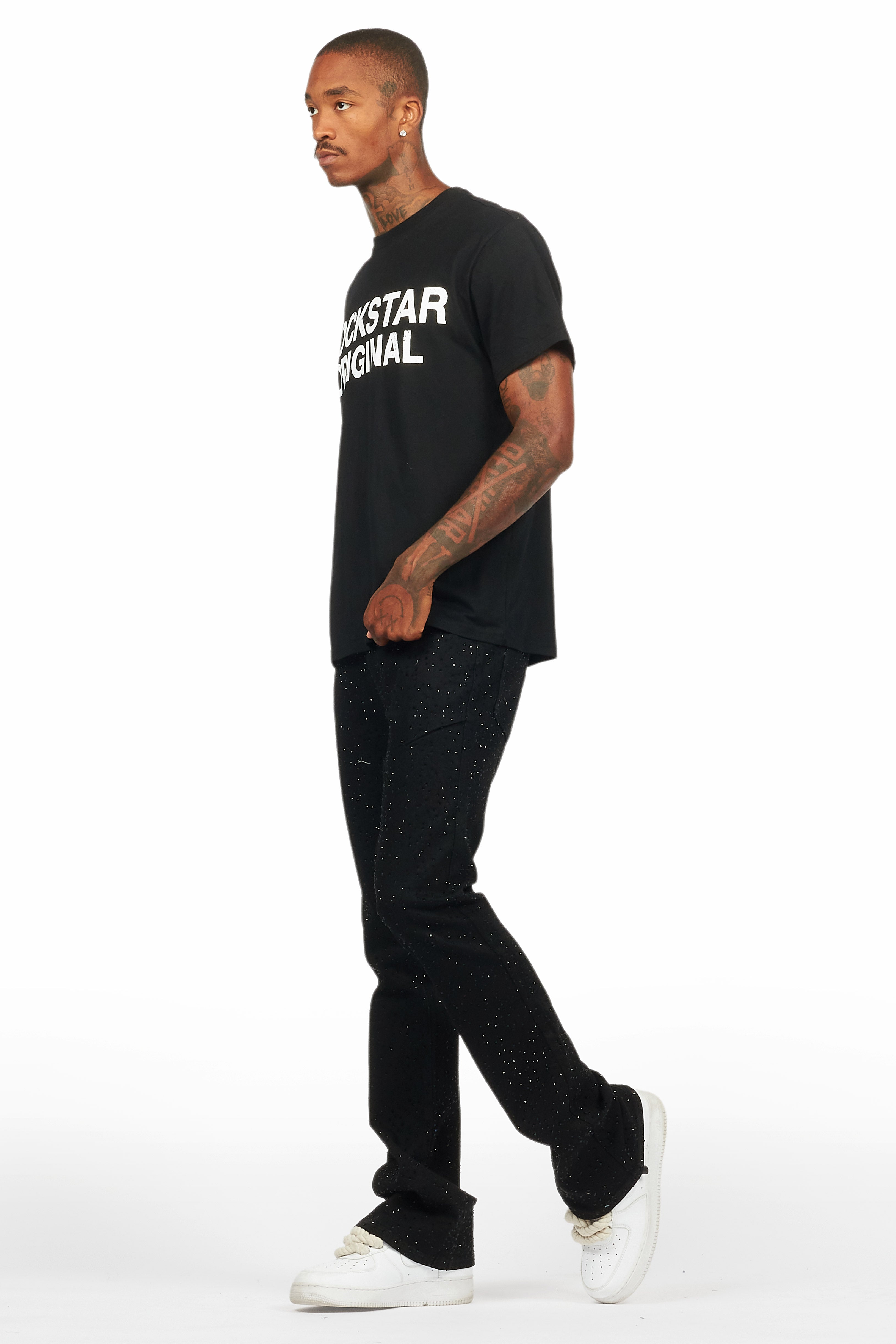 Lucki Black Rhinestone Stacked Flare Jean