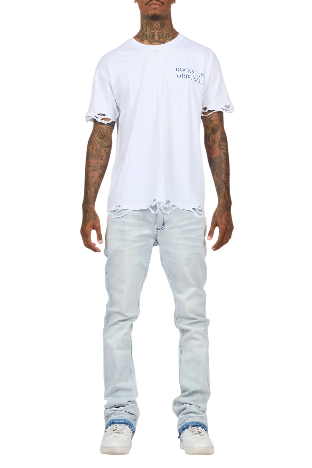 Drako White/Blue Oversized Graphic T-Shirt/Dag Stacked Flare Jean Set