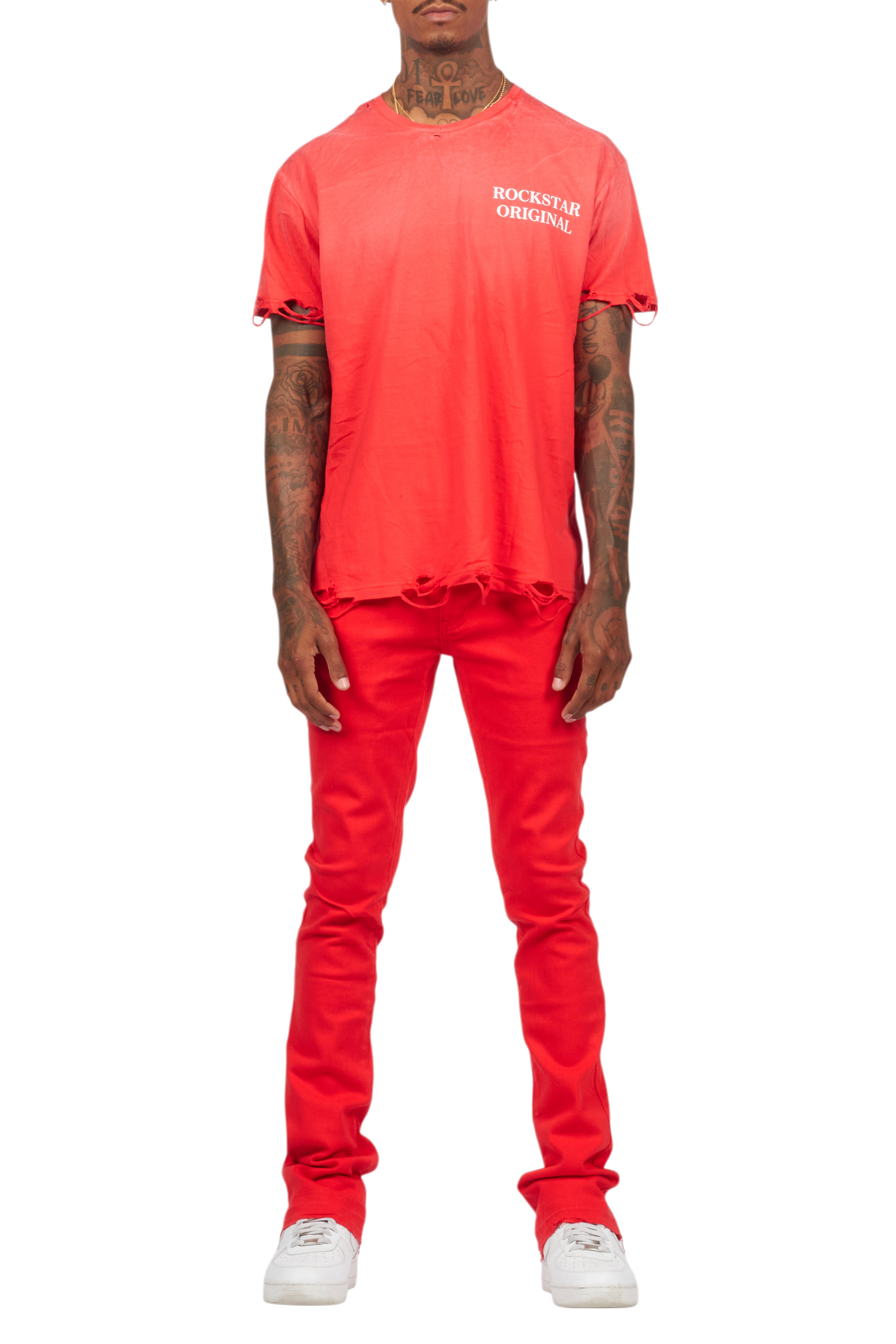 Drako Red/White Oversized Graphic T-Shirt/Dag Stacked Flare Jean Set
