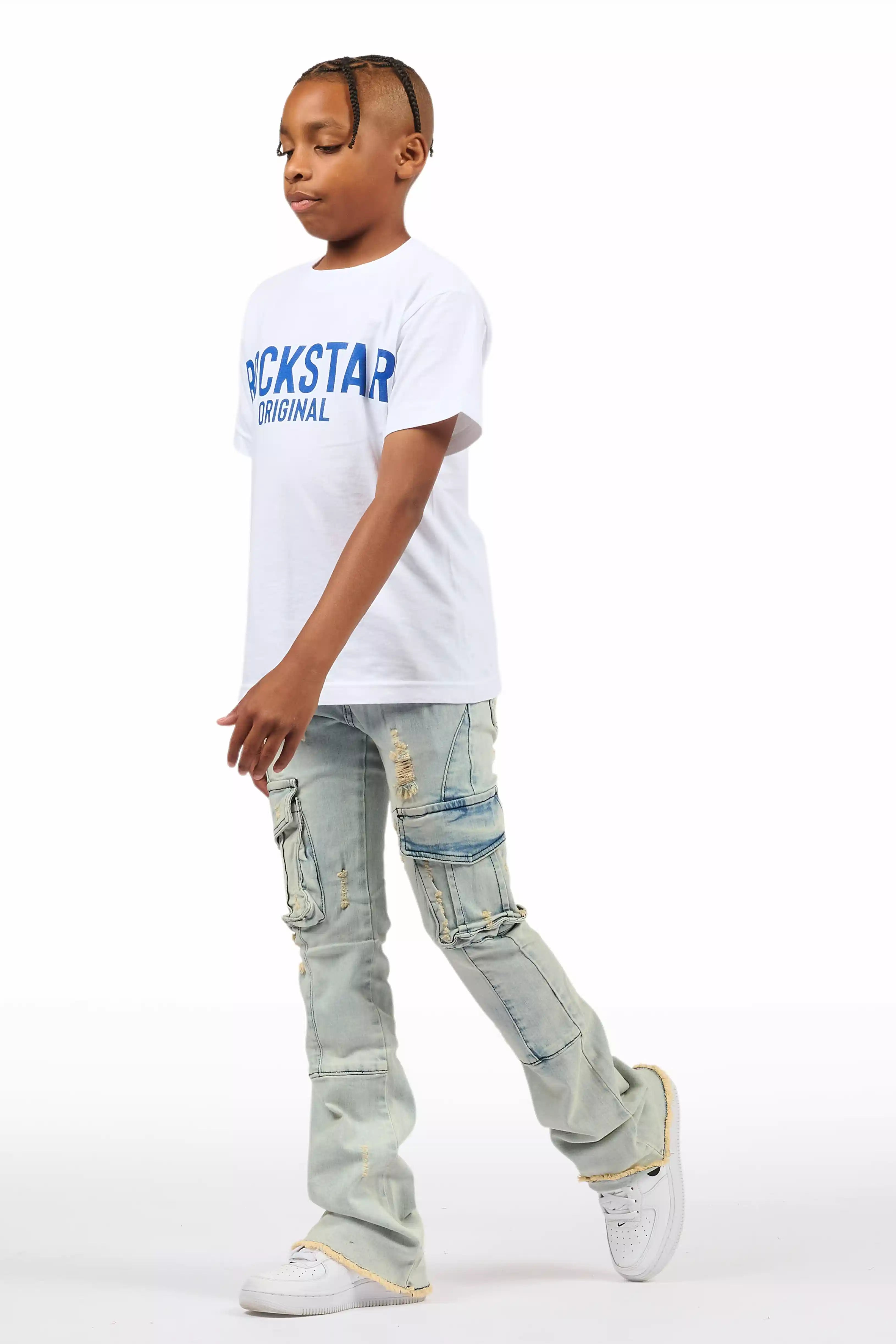 Boys Adalee Blue Slim Stacked Flare Cargo Jean