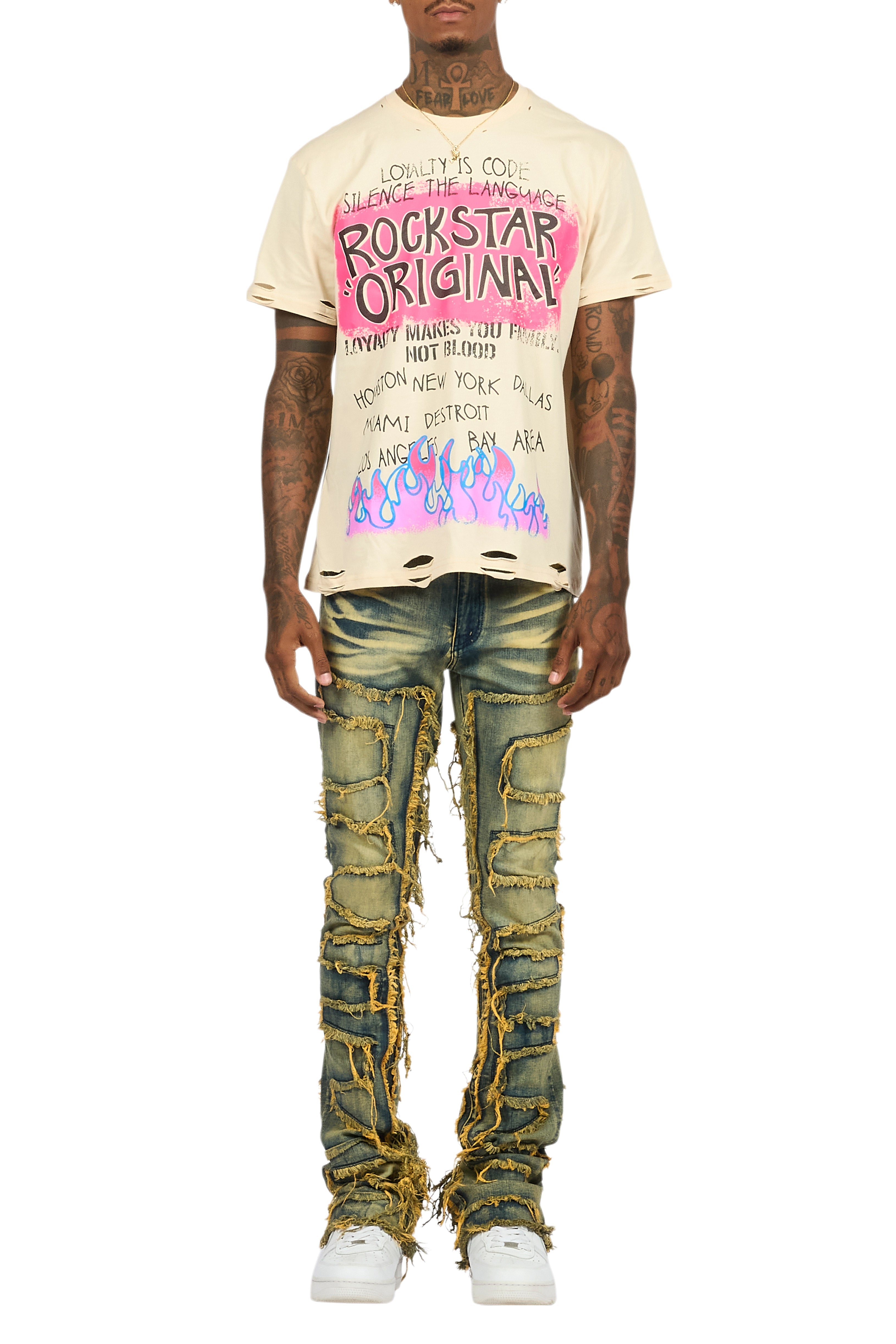 Beno Beige T-Shirt & Shake Tint Stacked Flare Jean Bundle