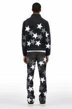 Starlane Jet Black Denim Jacket/Stacked Flare Jean Set