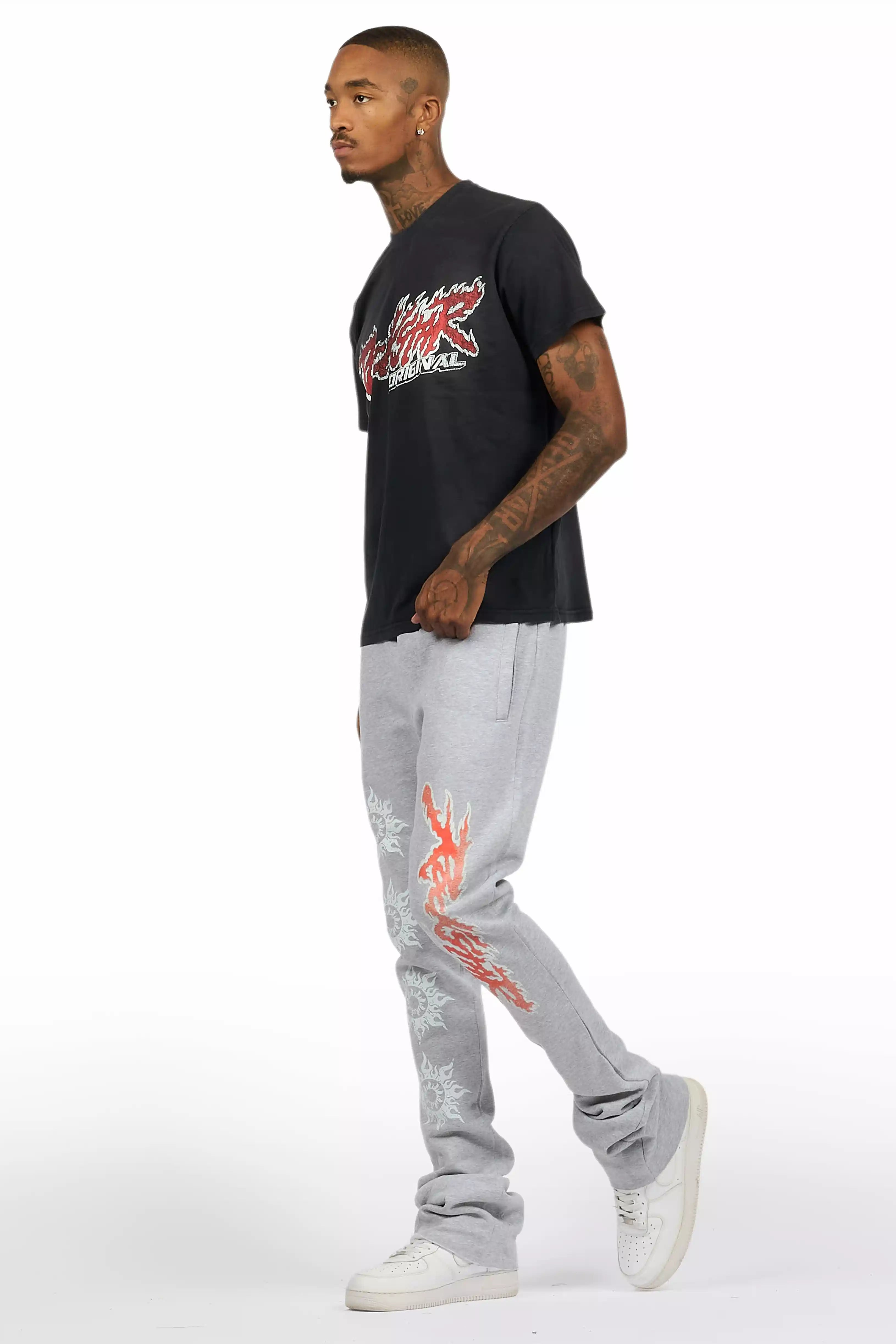 Yash Charcoal Grey T-Shirt/Stacked Flare Track Pant Set
