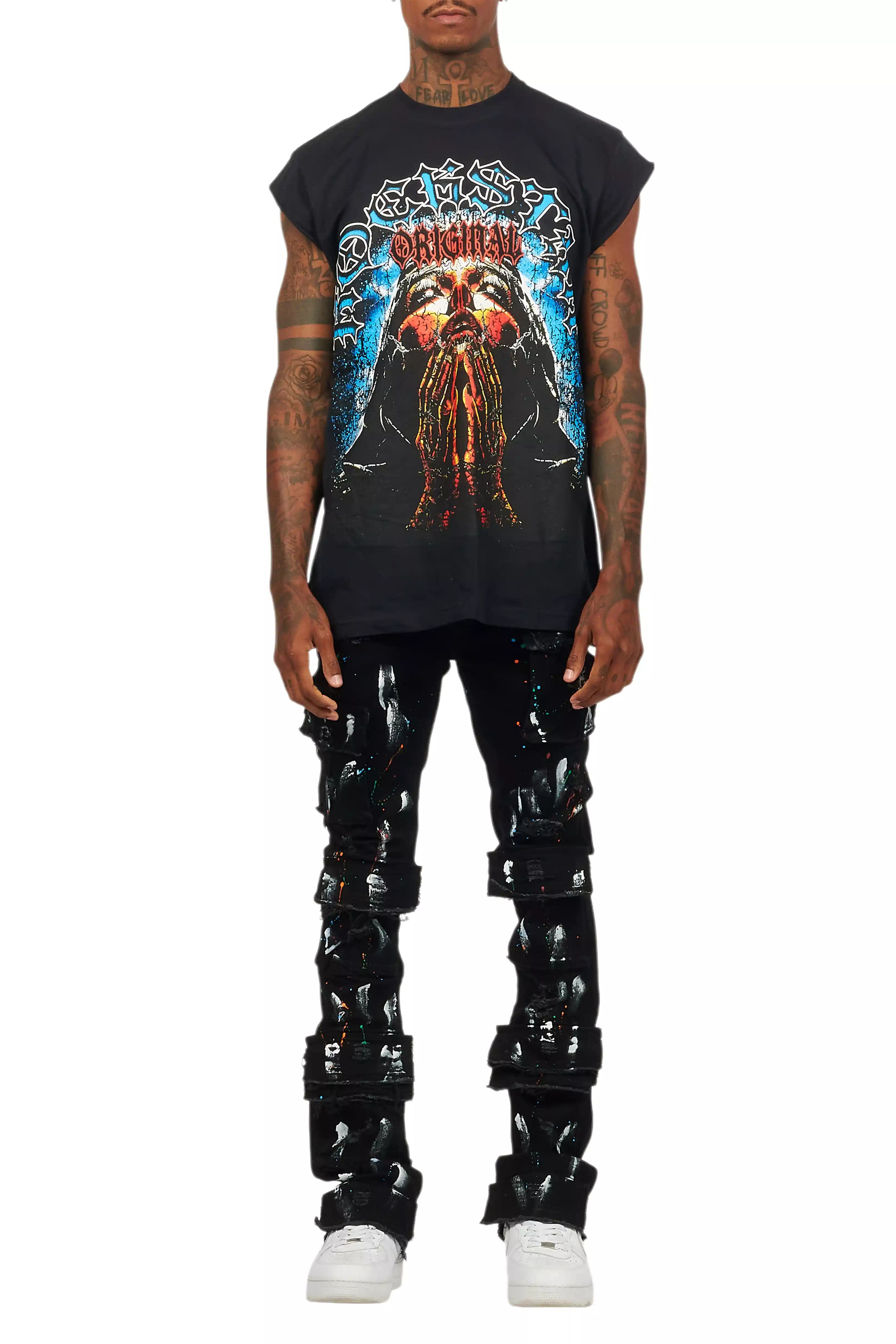 Orien Jet Black Painter Stacked Flare Jean