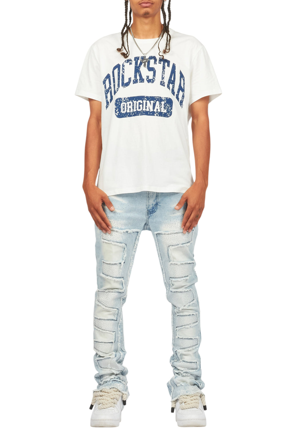 Shake Light Blue Rhinestone Stacked Flare Jean