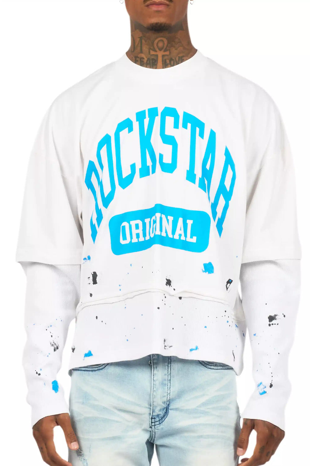 Rainer White/Blue Boxy Crop Double Layer Tee